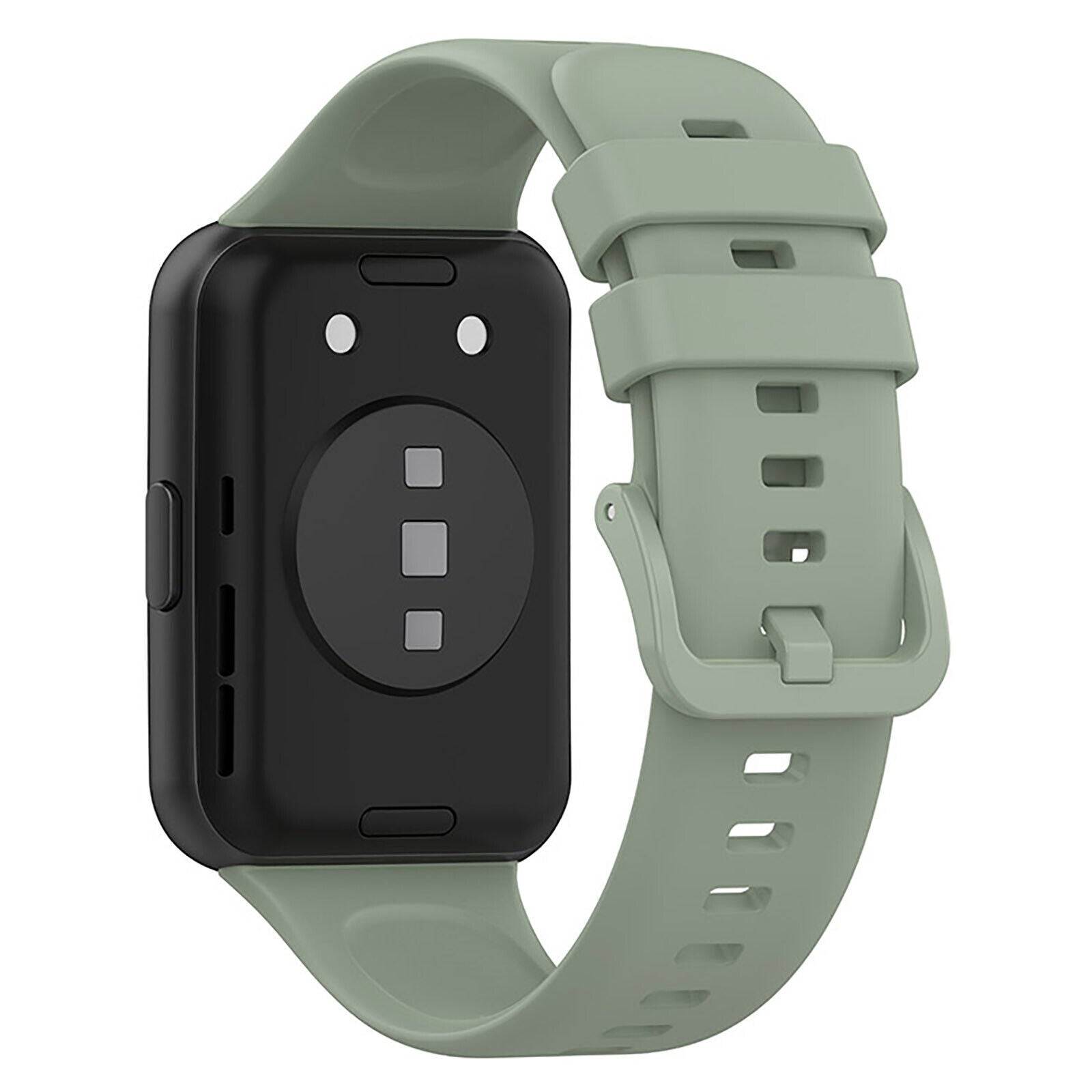 Eine Smartwatch mit schwarzem Gehäuse und grünem Armband. Die Rückseite hat drei quadratische und zwei runde Sensoren.