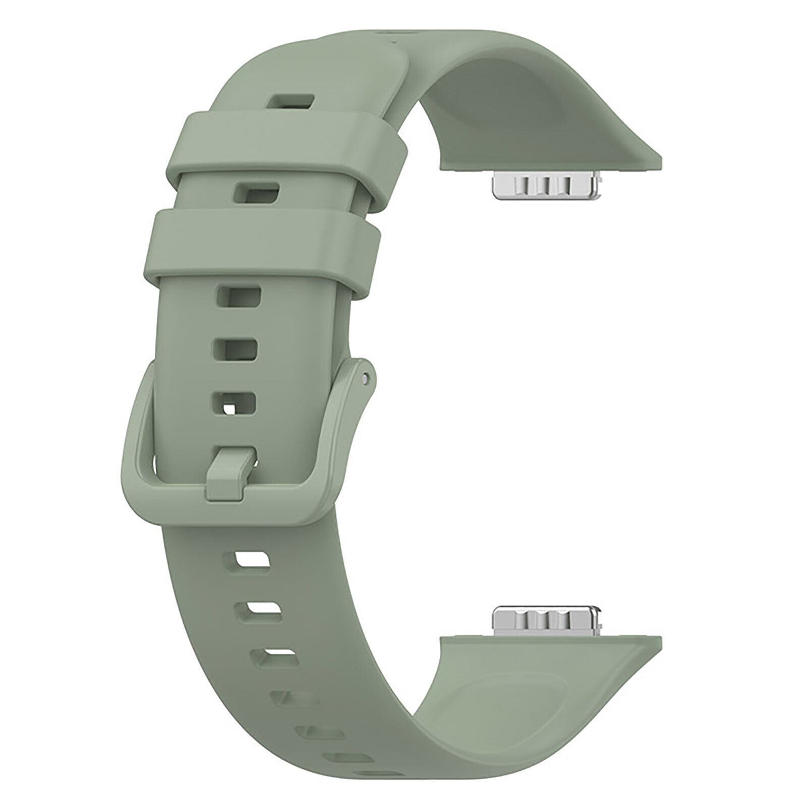 Ein grünes Smartwatch-Armband mit Schnalle und Metallverbindern. Das Armband ist gebogen und hat Löcher.
