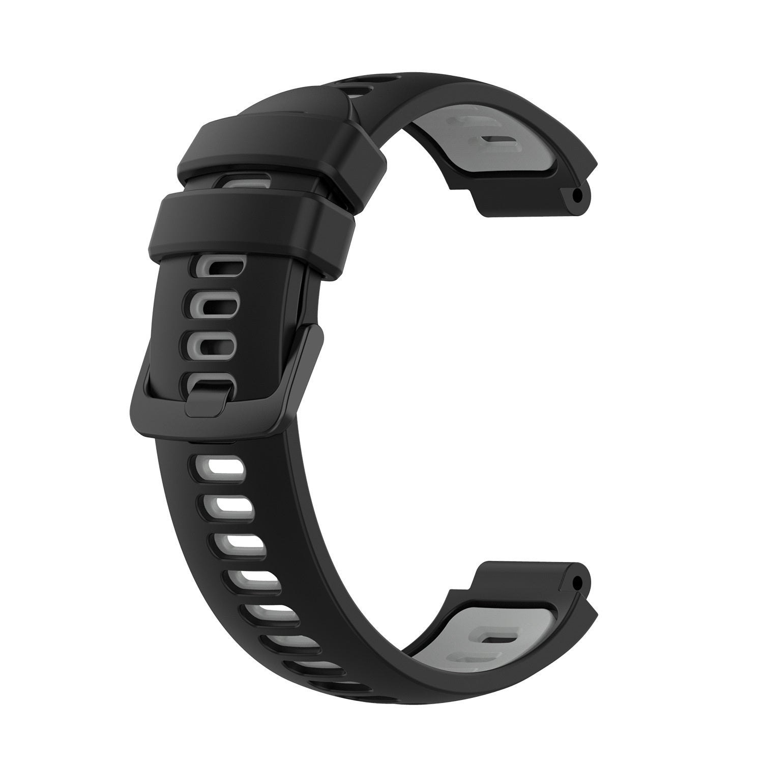 Ein schwarzes Uhrenarmband in C-Form. Das Armband hat eine Schnalle und mehrere Löcher. Graue Polsterung ist im Inneren sichtbar.