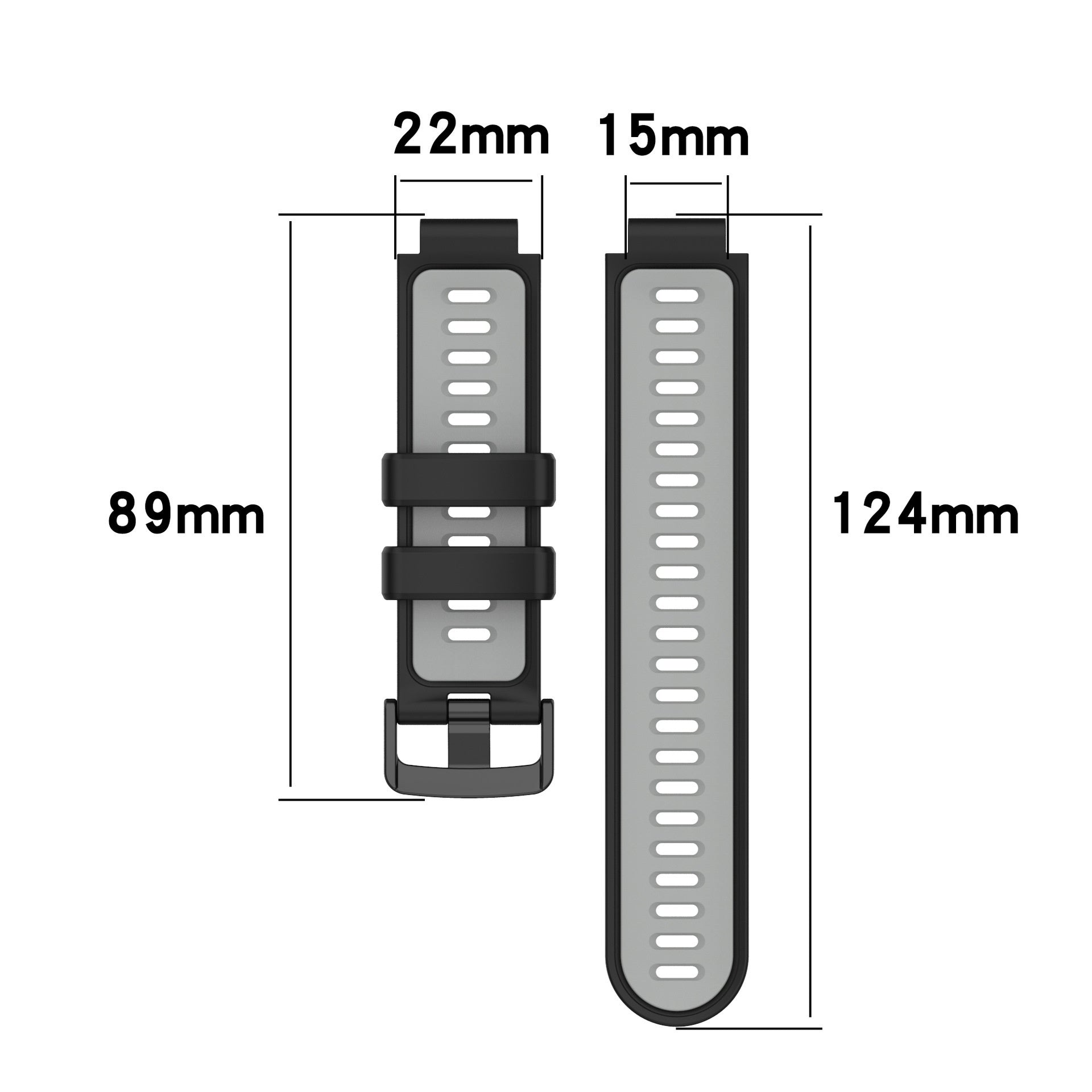 Das Bild zeigt ein Smartwatch-Armband mit Maßen. Zwei Teile sind abgebildet: 89 mm und 124 mm Länge, 22 mm und 15 mm Breite.