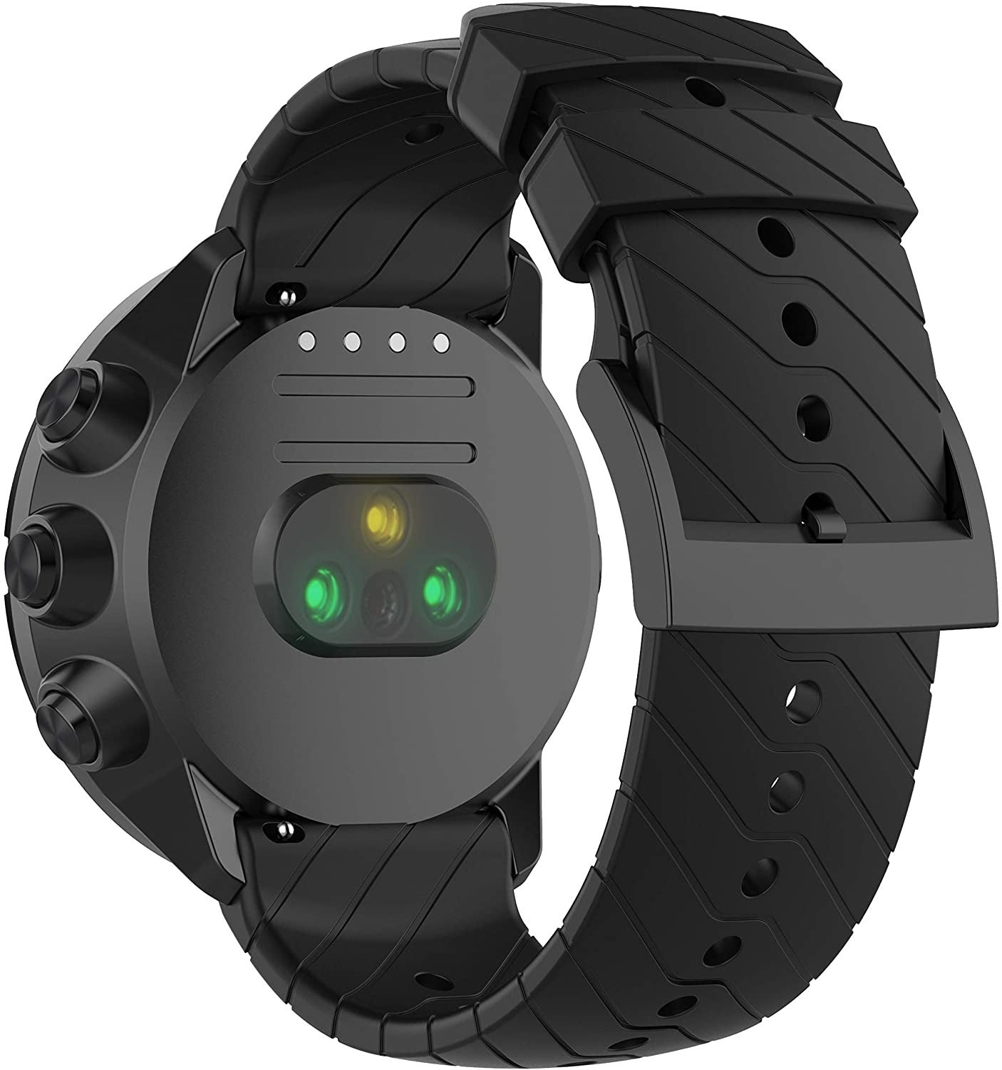Schwarze Smartwatch mit schwarzem Armband. Sie hat Knöpfe an der Seite und einen Sensor auf der Rückseite. Der Sensor hat grüne und gelbe Lichter.