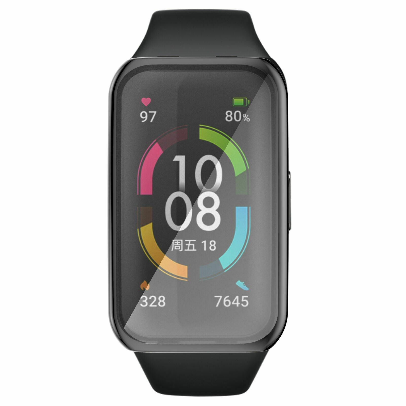 Eine schwarze Smartwatch zeigt Zeit, Akku, Schritte und Herzfrequenz an. Der Bildschirm hat farbige Bögen um die Zahlen.