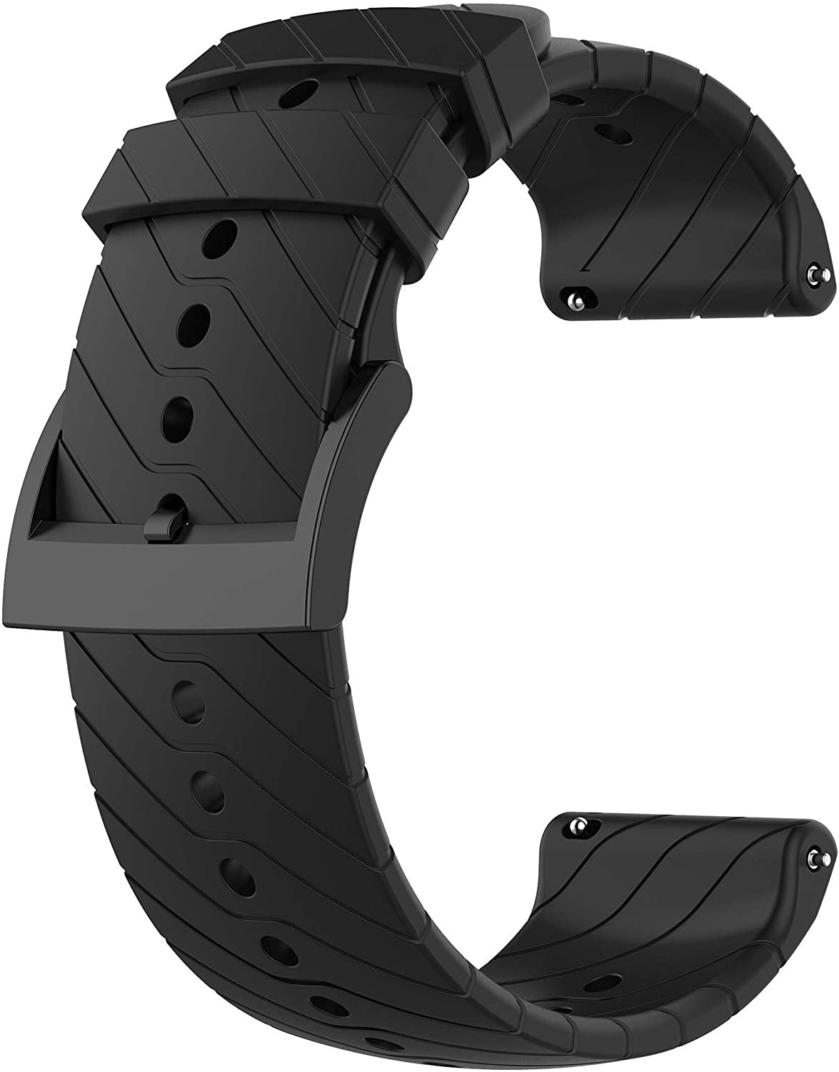 Schwarzes Uhrenarmband mit Schnalle und Löchern. Das Armband hat ein strukturiertes Design. Zwei Enden haben Stiftlöcher.