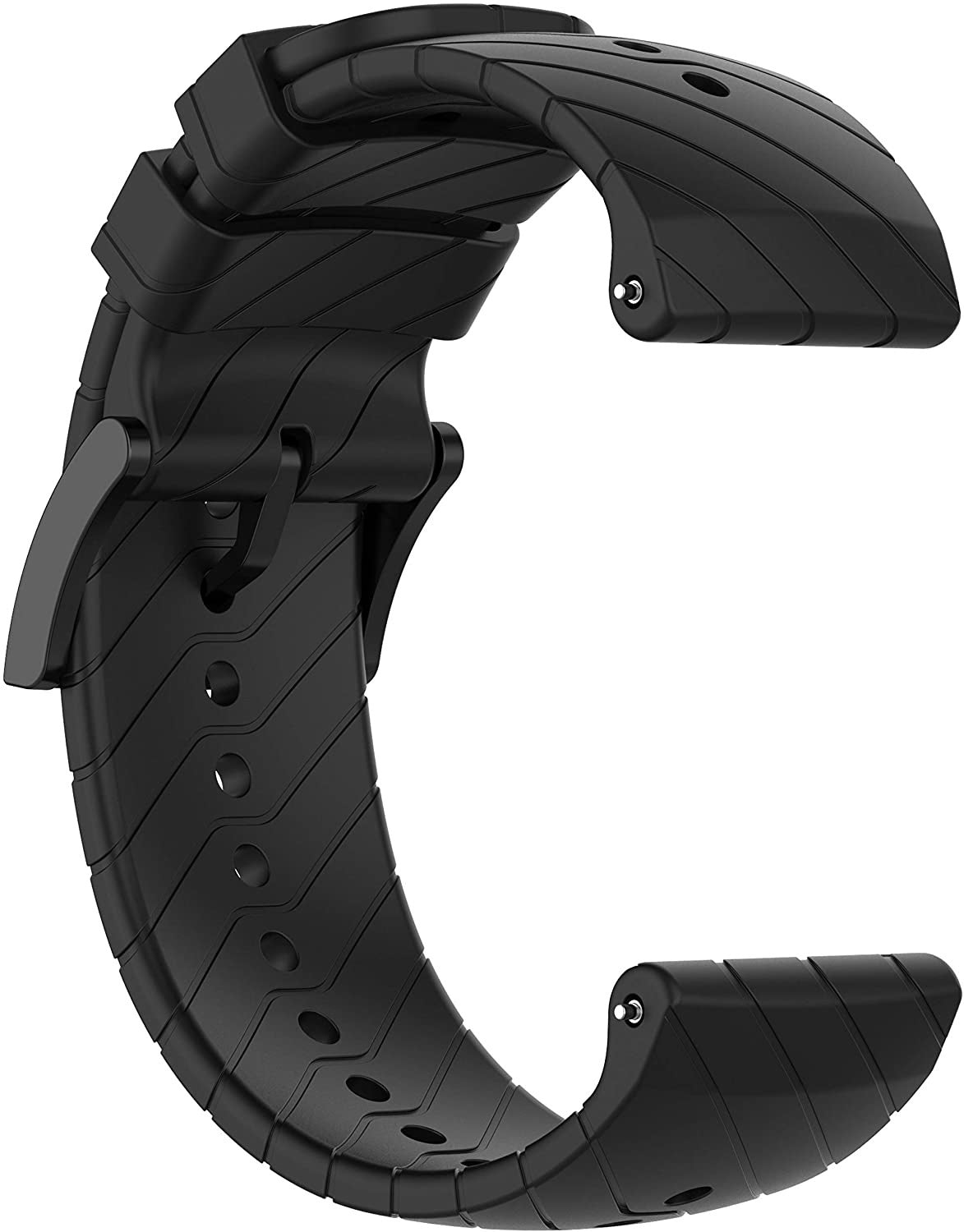 Nahaufnahme eines schwarzen Uhrenarmbands. Das Band ist gebogen, mit strukturierter Oberfläche und Löchern zur Anpassung. Schnalle und Verschluss sichtbar.