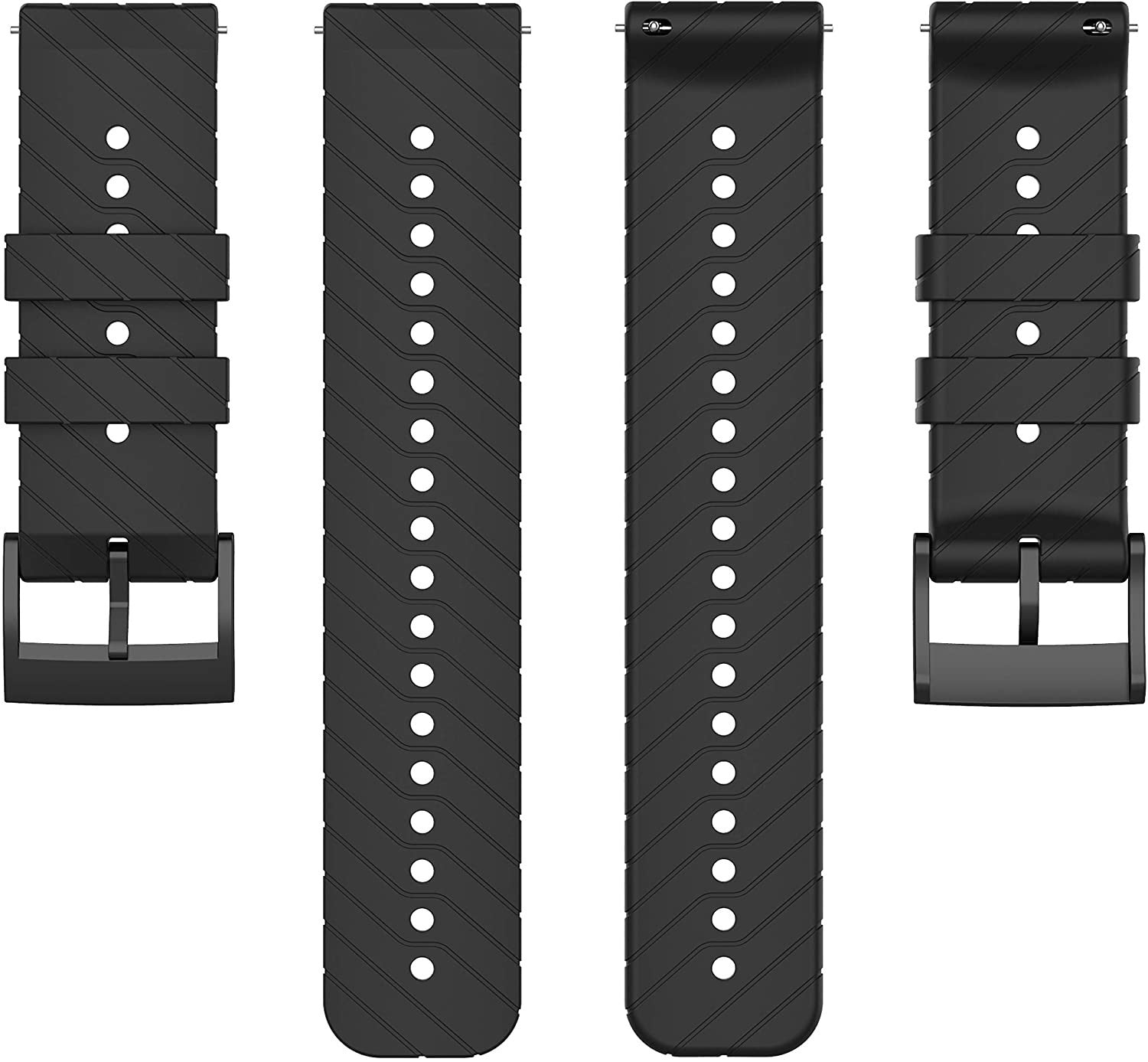 Vier schwarze Uhrenarmbänder, jedes mit einer Schnalle und Löchern zur Anpassung. Die Bänder haben ein strukturiertes diagonales Muster.
