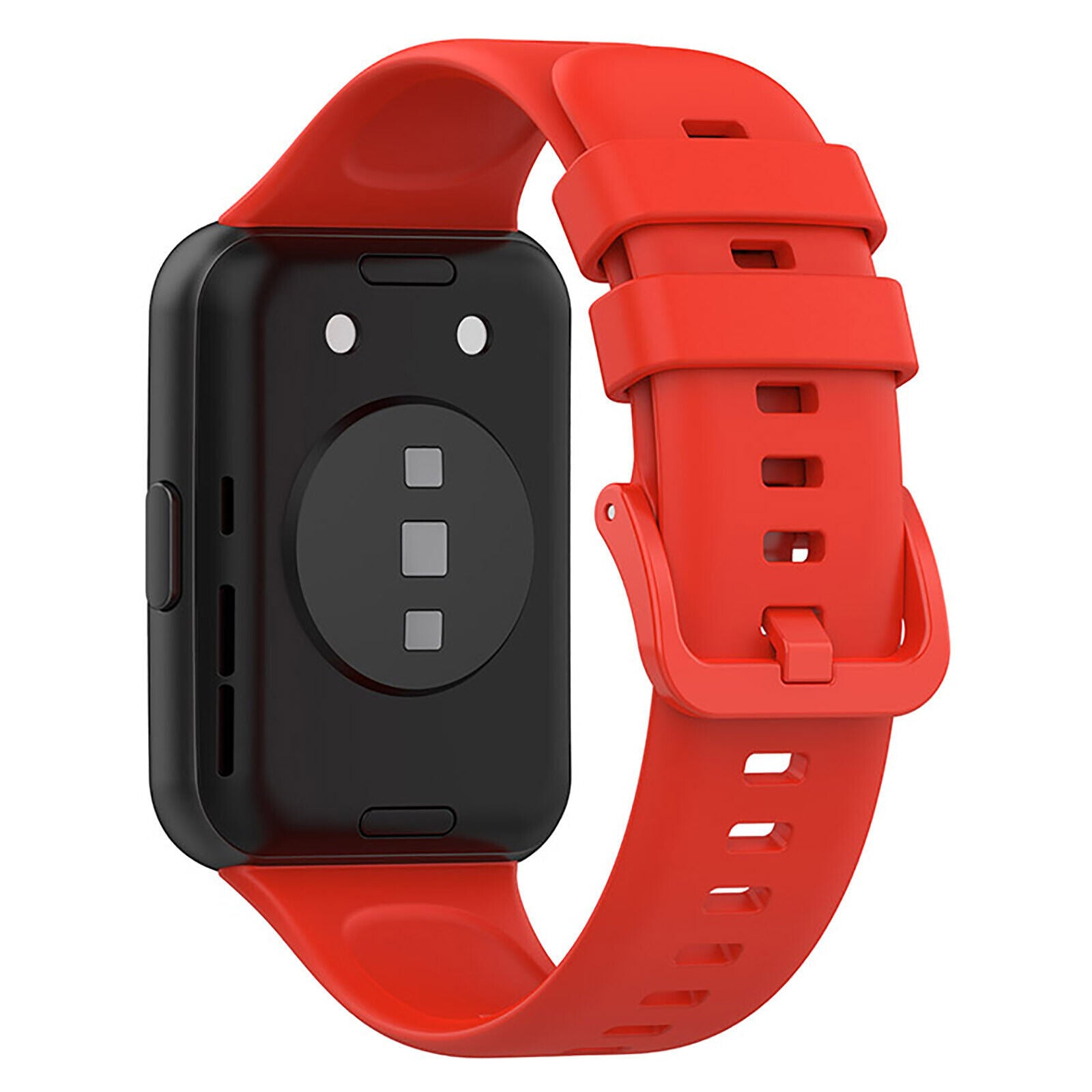 Eine schwarze Smartwatch mit rotem Armband. Das Zifferblatt ist schwarz, das Armband leuchtend rot, Nahaufnahme.