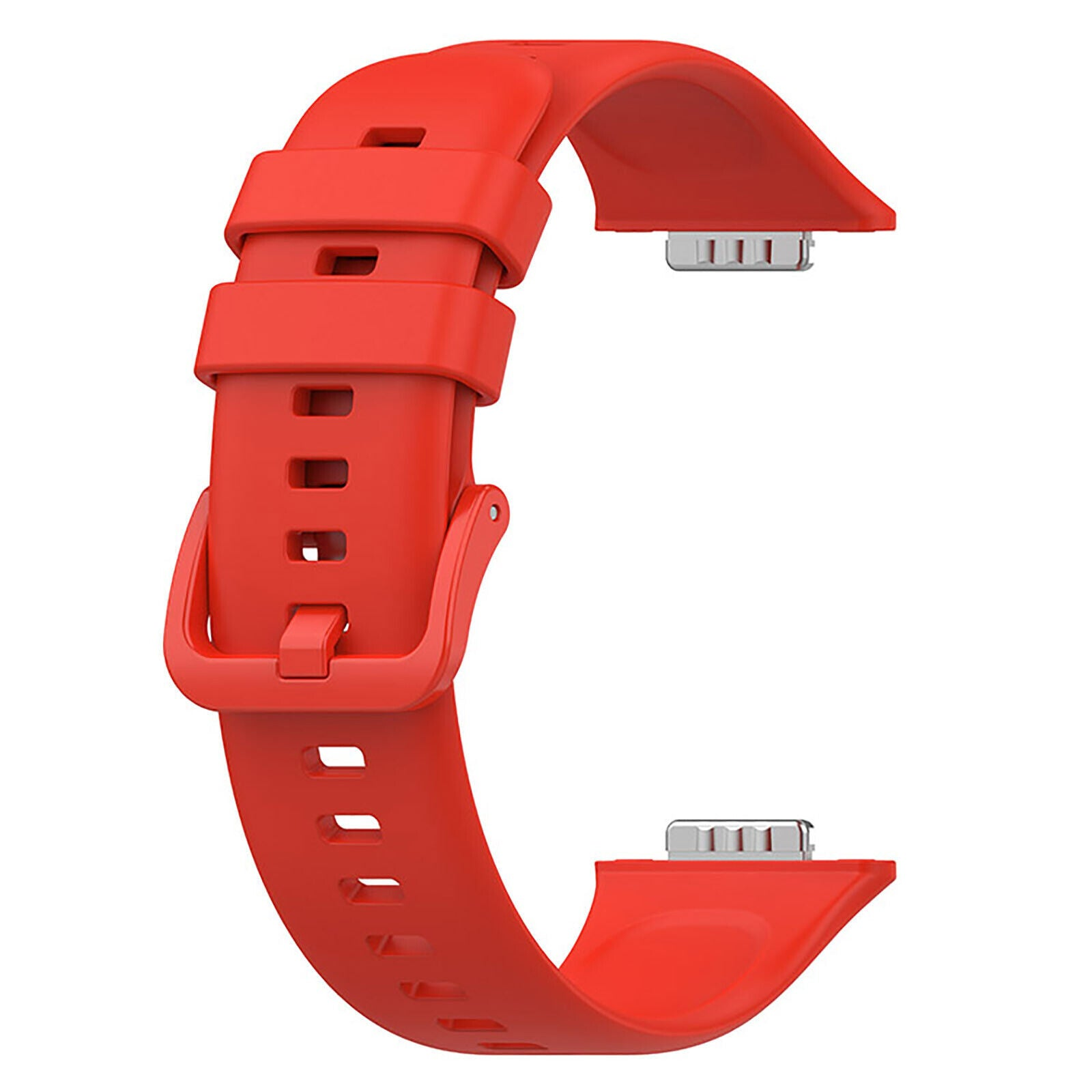 Ein rotes Uhrenarmband mit Schnalle und Metallverbindern. Das Armband hat eine C-Form. Isoliert auf weißem Hintergrund.