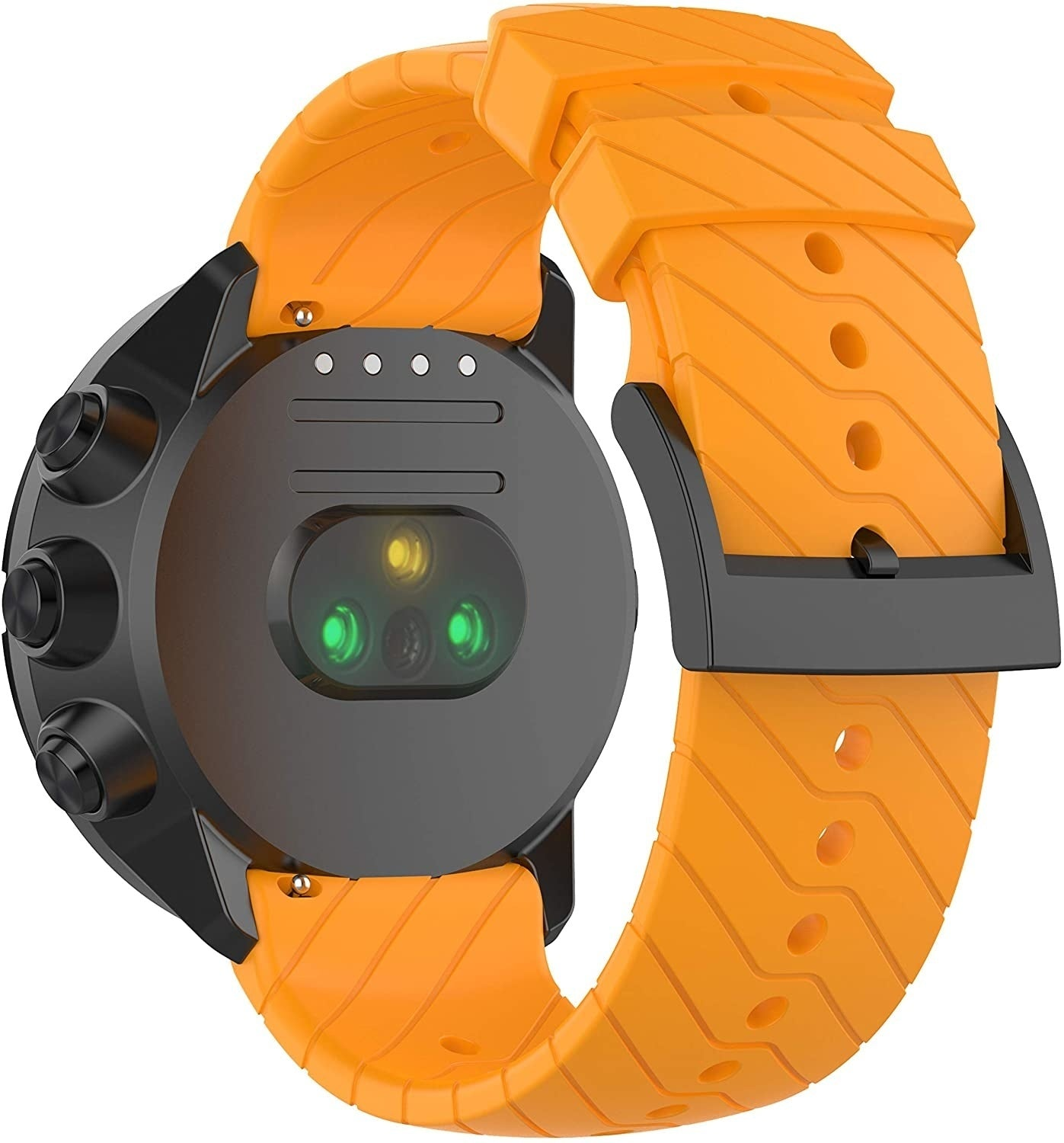 Schwarze Smartwatch mit orangefarbenem Armband. Das Zifferblatt hat Knöpfe und Sensoren. Das Armband wird mit einer schwarzen Schnalle befestigt.
