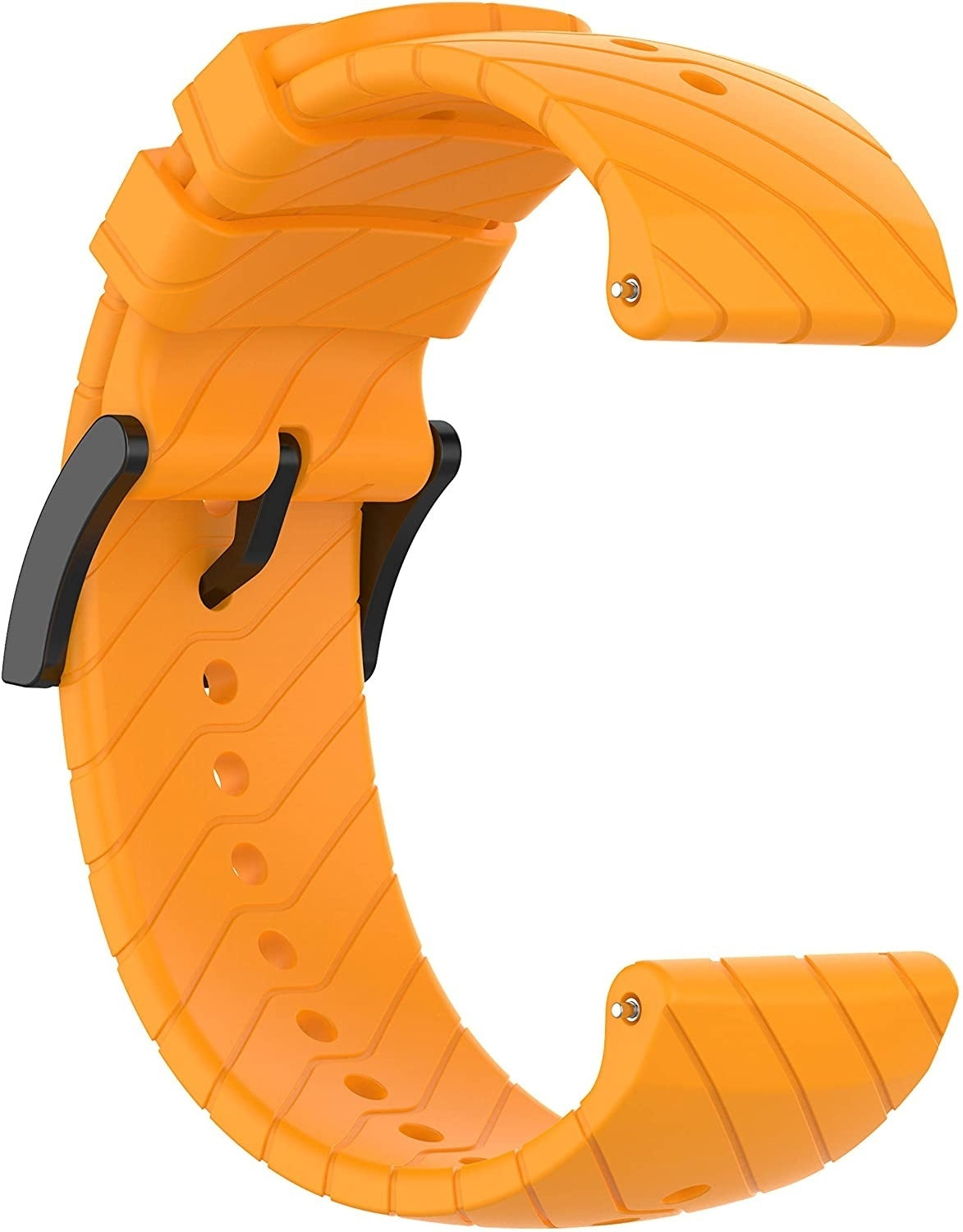 Ein orangefarbenes Uhrenarmband mit schwarzem Verschluss. Es hat Rippen und mehrere Löcher. Das Armband ist vor weißem Hintergrund gebogen.