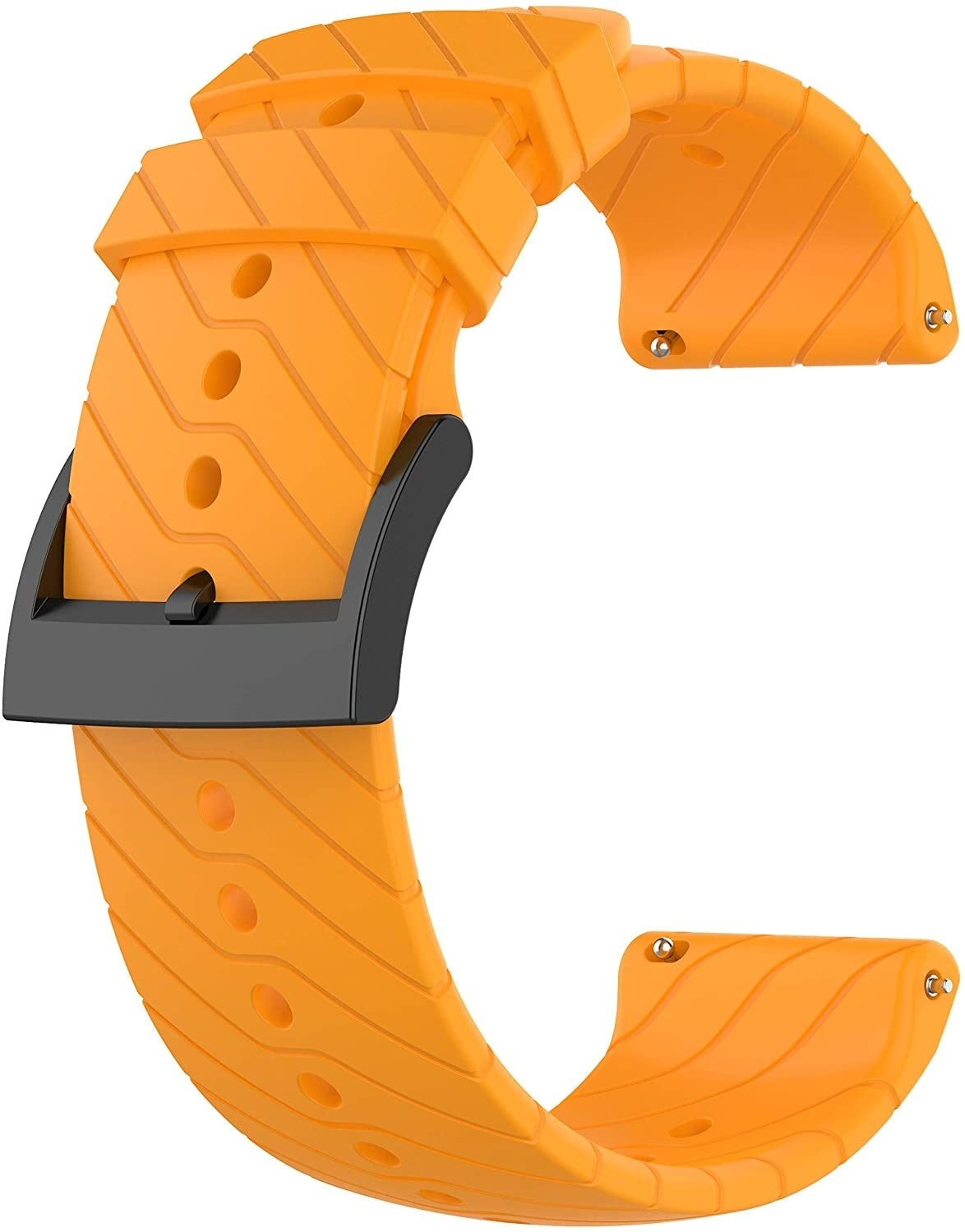 Orangenes Uhrenarmband mit schwarzer Schnalle. Das Armband hat ein strukturiertes Design und Löcher. Die Schnalle ist schwarz.