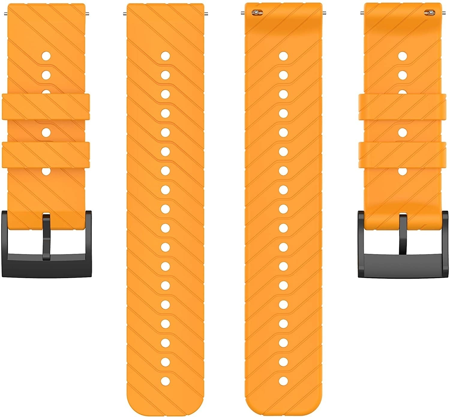 Vier orangefarbene Uhrenarmbänder mit schwarzen Schnallen. Jeder Riemen hat Löcher zur Anpassung und eine strukturierte Oberfläche. Weißer Hintergrund.
