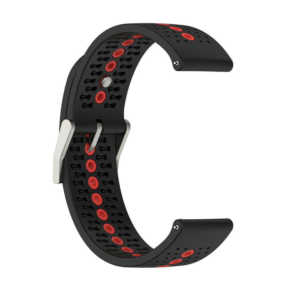Schwarzes Uhrenarmband mit roten Akzenten. Es hat eine silberne Schnalle und kleine Löcher. Das Armband hat eine gebogene Form, vor weißem Hintergrund.