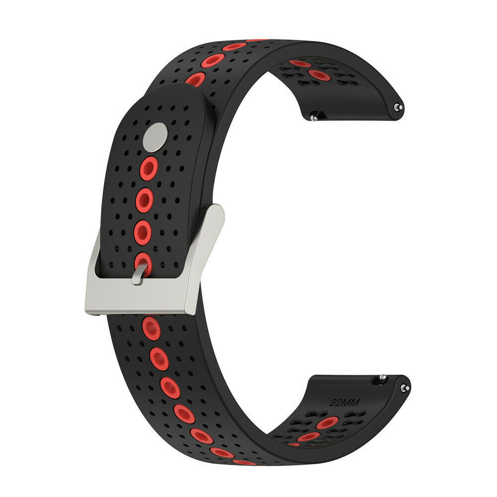 Schwarzes Uhrenarmband mit roten Akzenten und Perforationen. Mit silberner Schnalle. Markiert mit '22MM'.