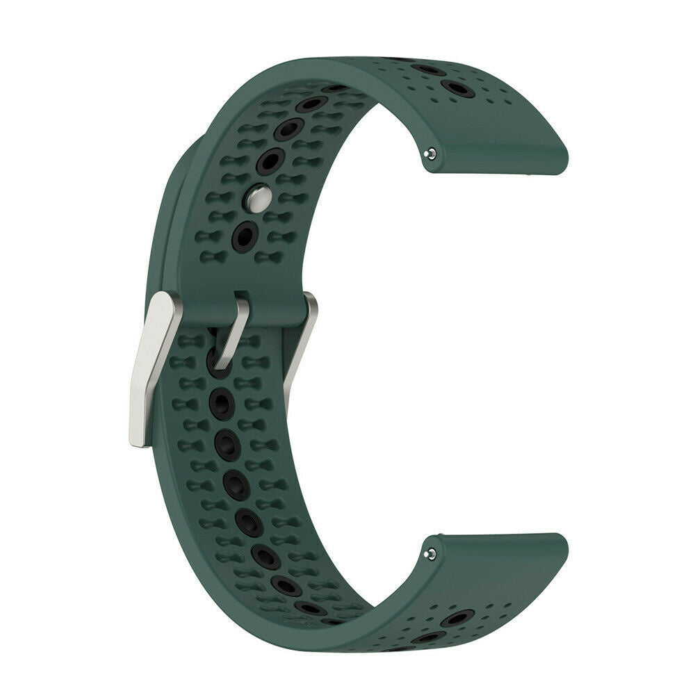 Ein dunkelgrünes Uhrenarmband wird gezeigt. Es hat die Form eines C und hat viele kleine Löcher. Das Armband hat einen silbernen Verschluss.