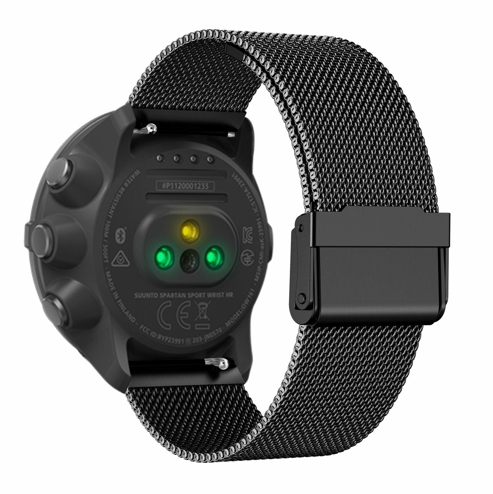 Schwarze Suunto Spartan Uhr mit Mesh-Armband. Die Uhr hat ein schwarzes Gehäuse mit grünen und gelben Lichtern.