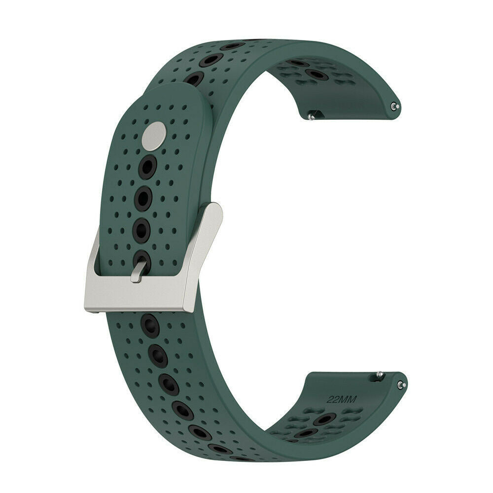 Ein grünes Uhrenarmband mit silberner Schnalle. Es hat Löcher zur Belüftung und ist mit '22MM' beschriftet. Der Riemen ist auf weißem Hintergrund.