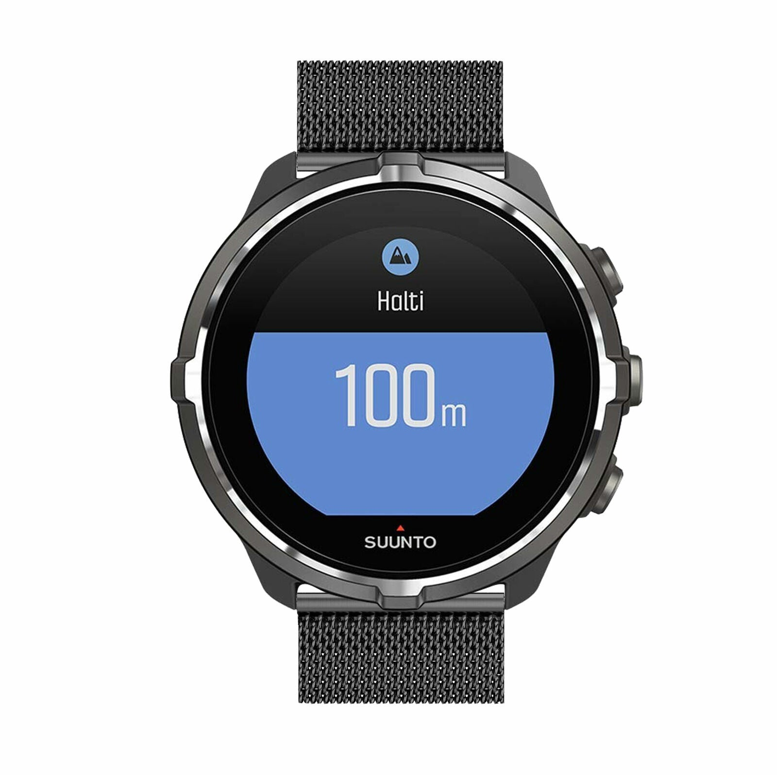 Eine schwarze Suunto-Smartwatch zeigt 'Halti', '100m' und das Suunto-Logo. Sie hat ein Mesh-Armband.