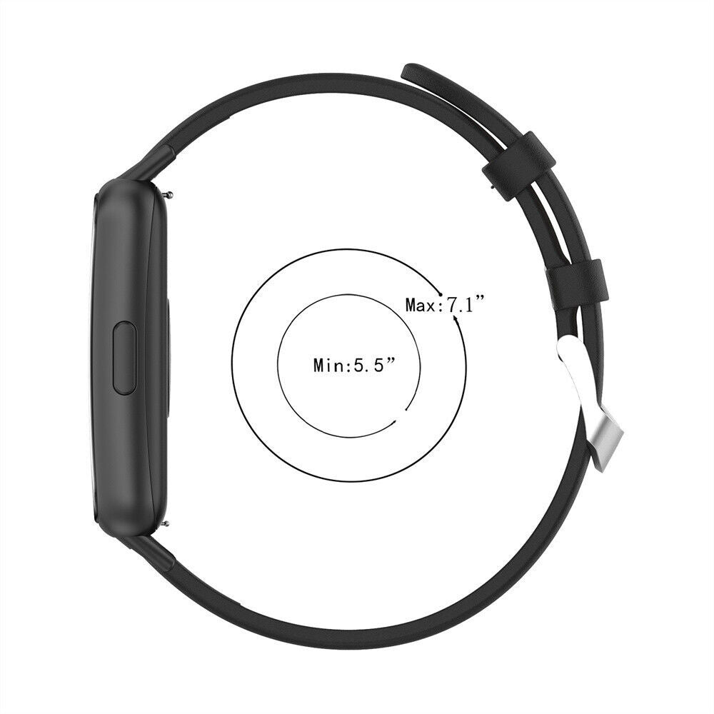 Schwarze Smartwatch mit schwarzem Armband. Ein Kreis zeigt den Größenbereich mit 'Min: 5,5"' und 'Max: 7,1"'. Weißer Hintergrund.