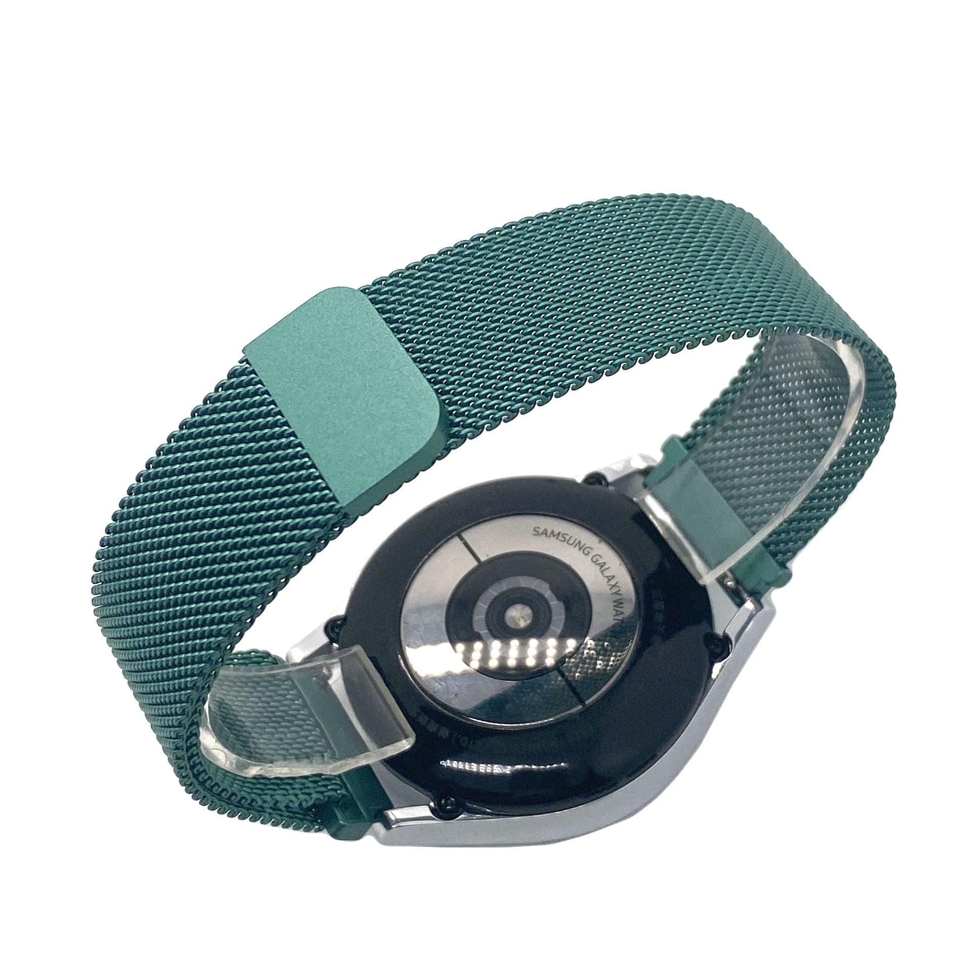 Ein grünes Mesh-Uhrenarmband ist an einer schwarzen Samsung Galaxy Watch befestigt. Das Band ist geschlossen und zeigt die Rückseite der Uhr.