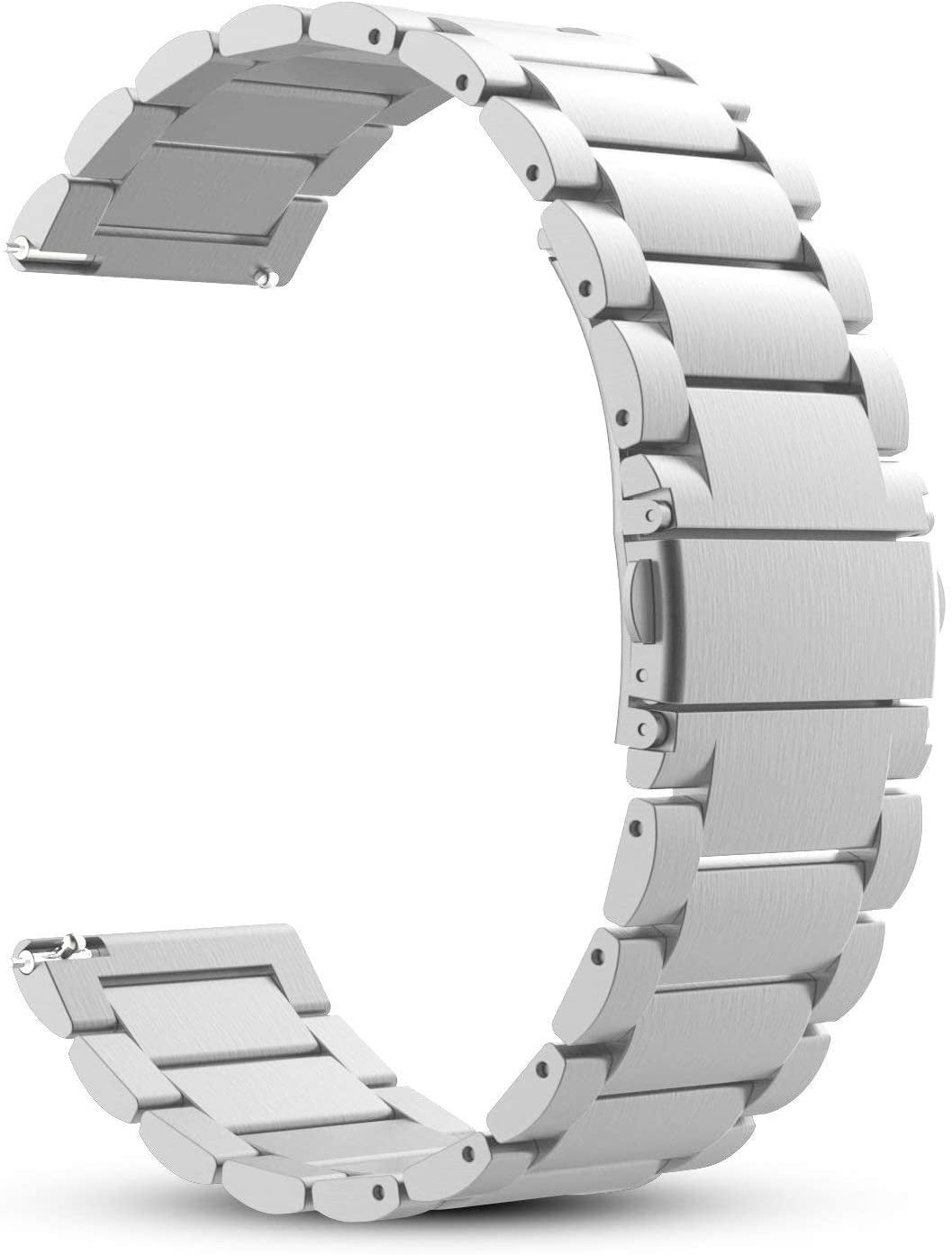 Ein gebogenes silbernes Metall-Armband liegt vor einem weißen Hintergrund. Das Band besteht aus rechteckigen Gliedern, die durch kleine Stifte verbunden sind.