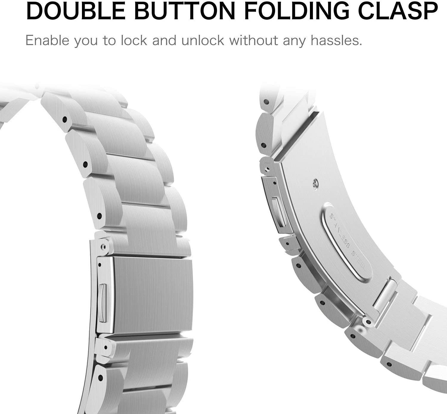 Nahaufnahme eines silbernen Uhrenarmbands mit einem Doppelknopf-Faltschloss. Das Band ist aus Edelstahl, und der Verschluss ist sichtbar.