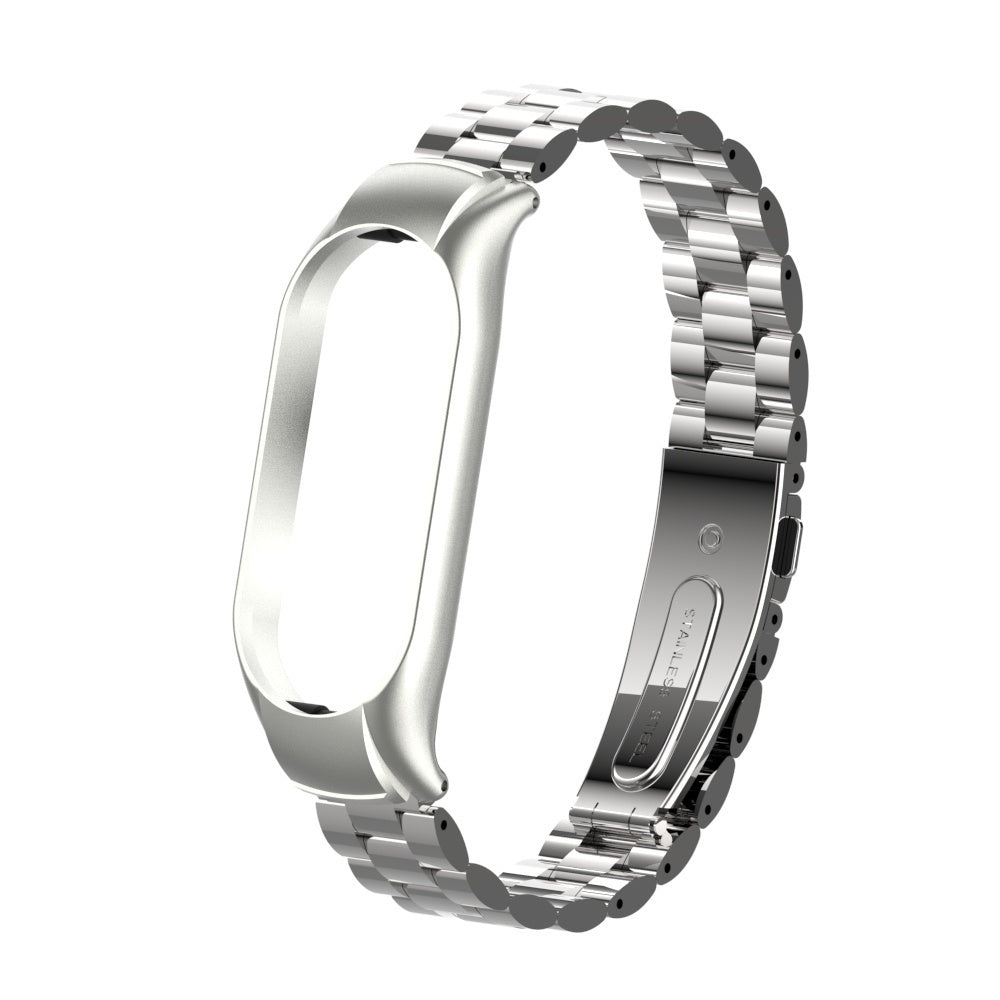 Ein silbernes Metall-Armband mit Verschluss und Rahmen für eine Smartwatch auf weißem Hintergrund.