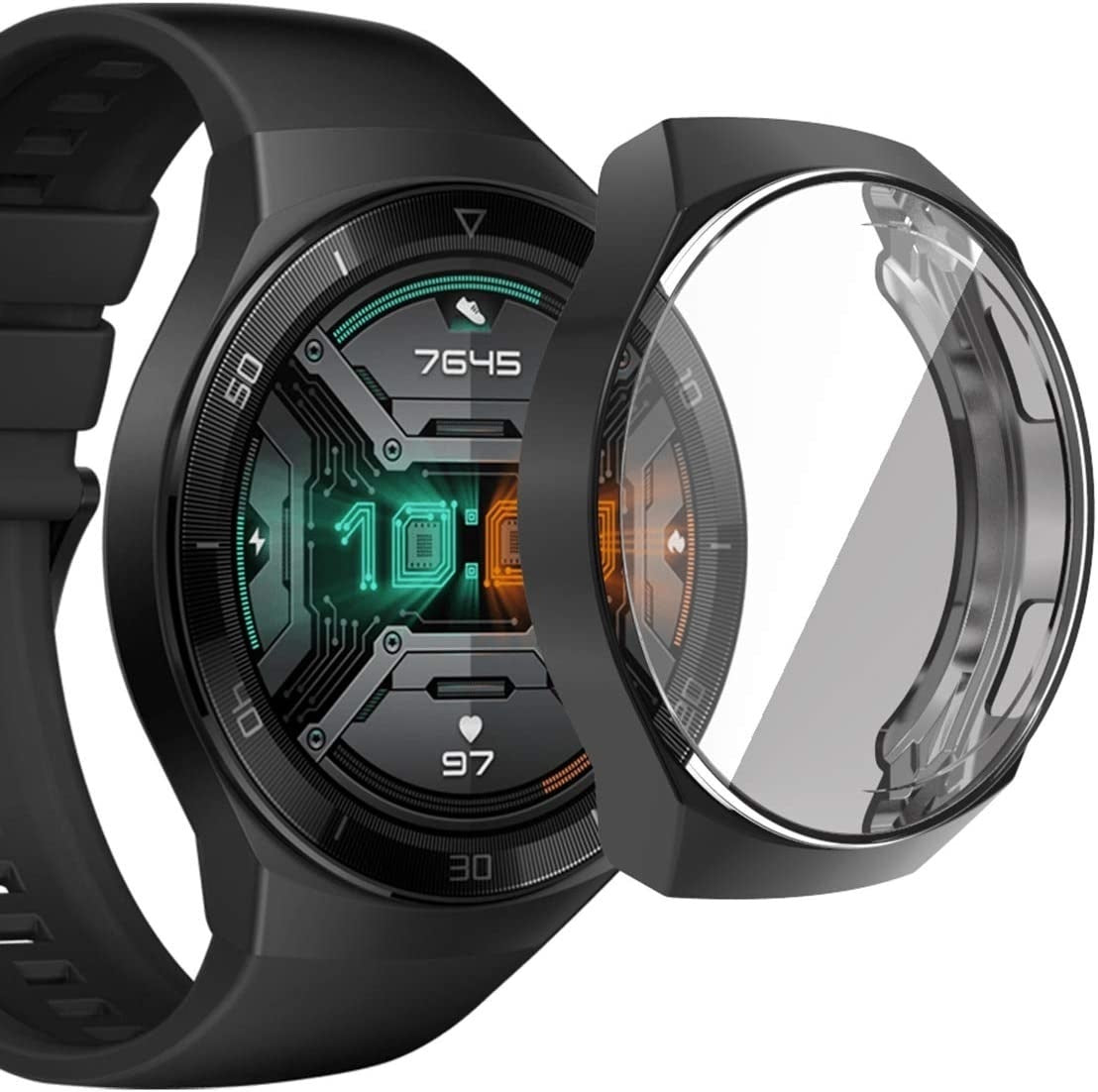 Eine schwarze Smartwatch mit einem Bildschirm, der Zeit und Gesundheitsdaten anzeigt. Eine Schutzhülle ist leicht abgelöst.