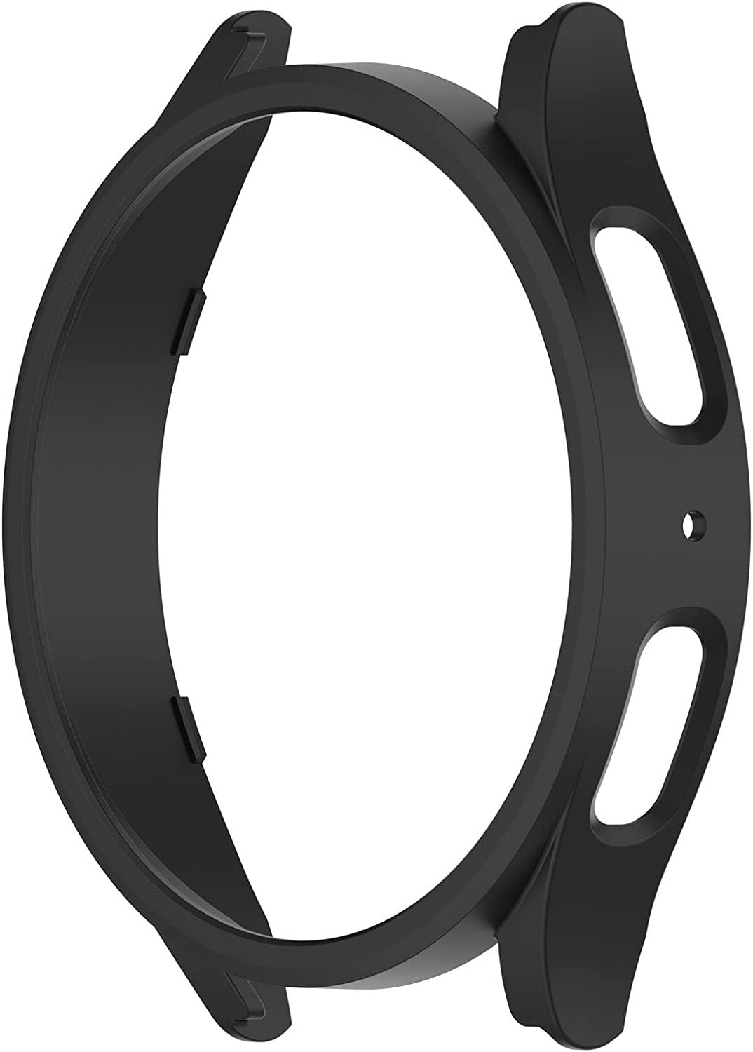 Eine schwarze Lünettenhülle für eine Uhr. Es hat zwei Aussparungen auf einer Seite und ein kleines Loch auf der anderen Seite. Der Hintergrund ist weiß.