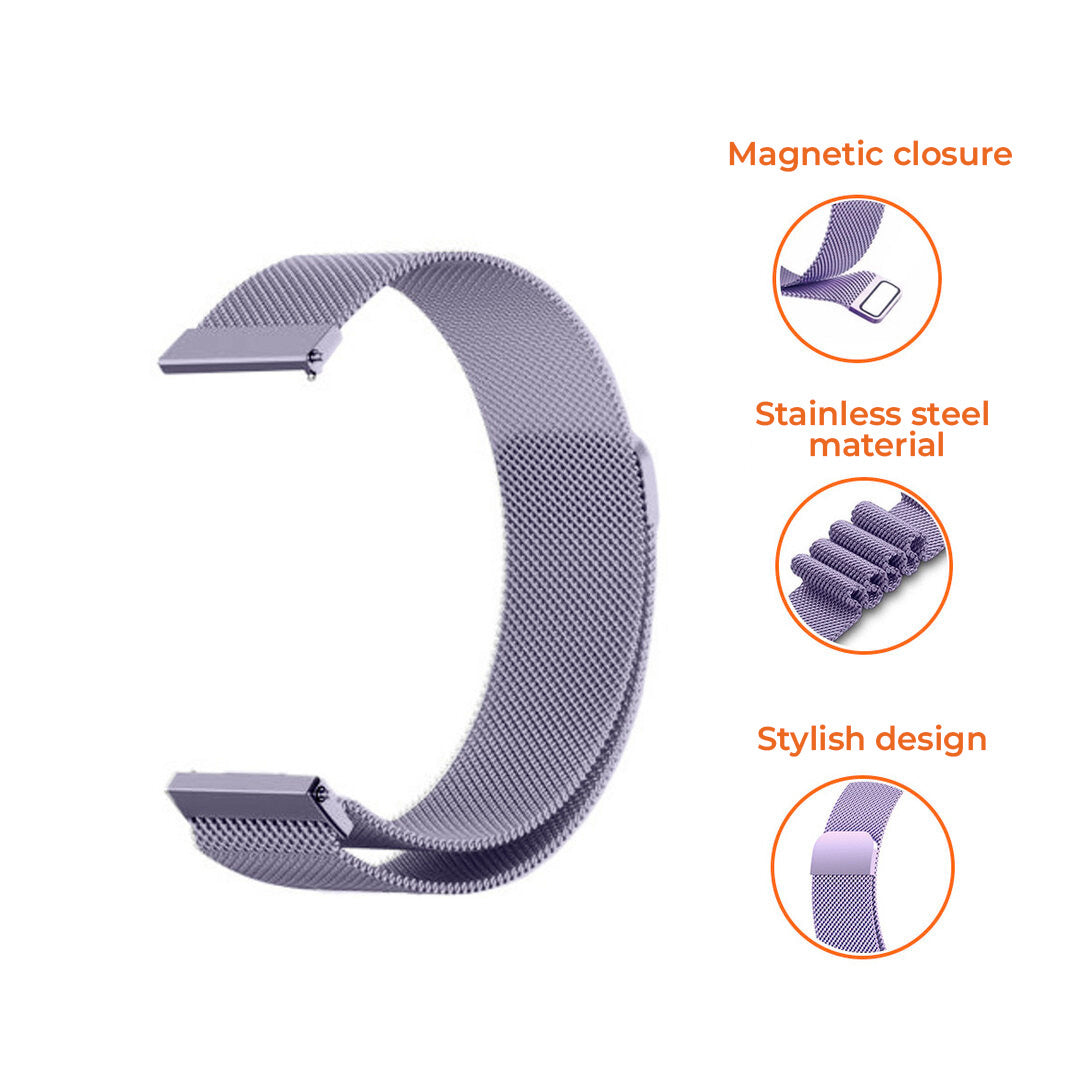 Ein helllila Uhrenarmband aus Edelstahl. Es hat einen Magnetverschluss und ein stilvolles Design. Edelstahlmaterial.