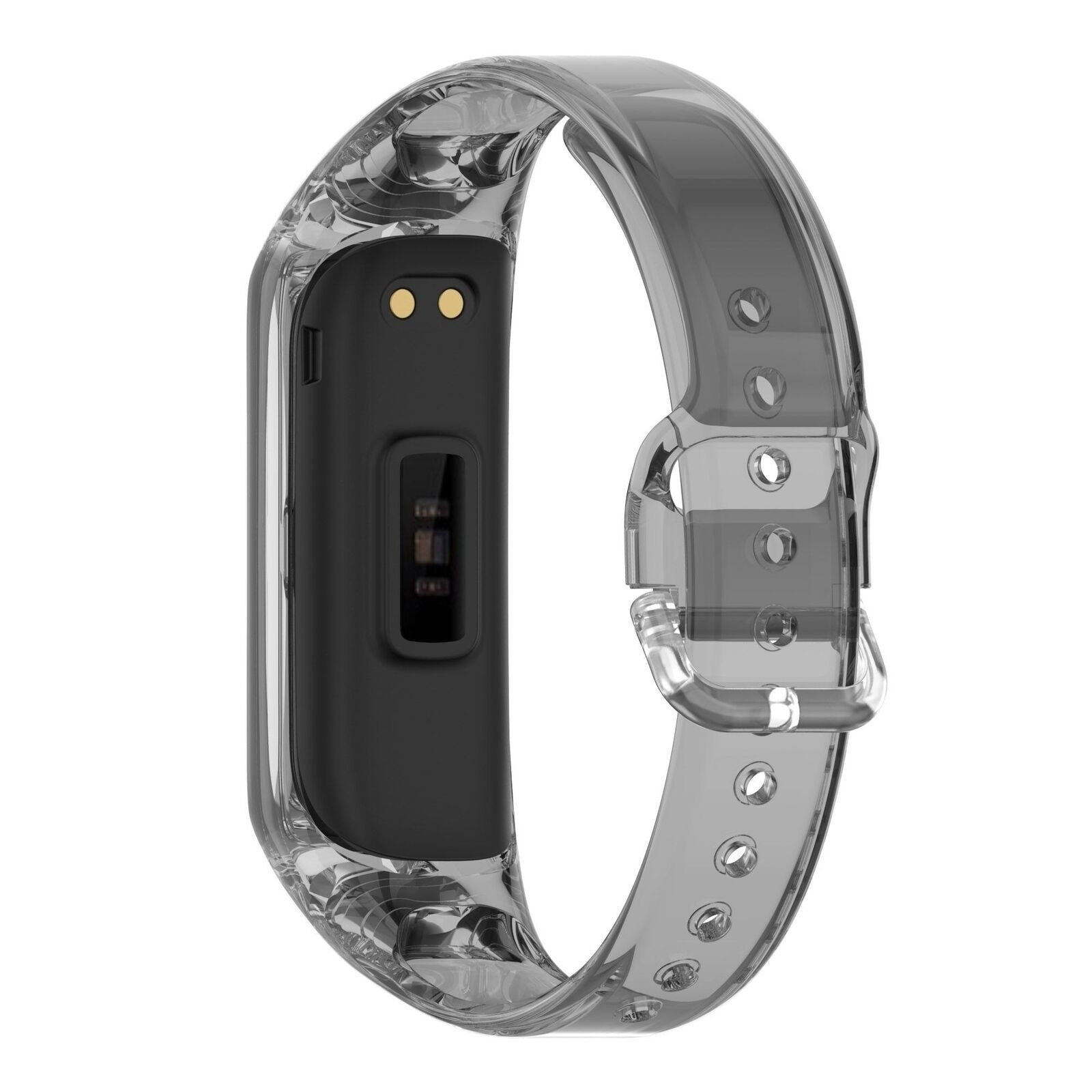 Ein klarer, durchsichtiger Fitnesstracker mit schwarzem Display und Band. Das Band hat eine Schnalle und Löcher zur Anpassung.