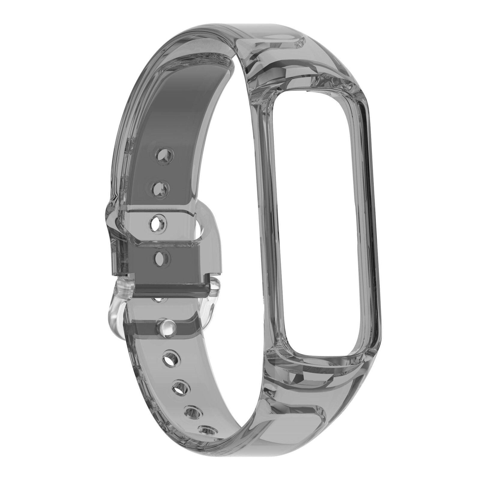 Ein klares, graues Uhrenarmband mit Schnalle, Löchern und einer rechteckigen Öffnung für das Zifferblatt, isoliert auf Weiß.
