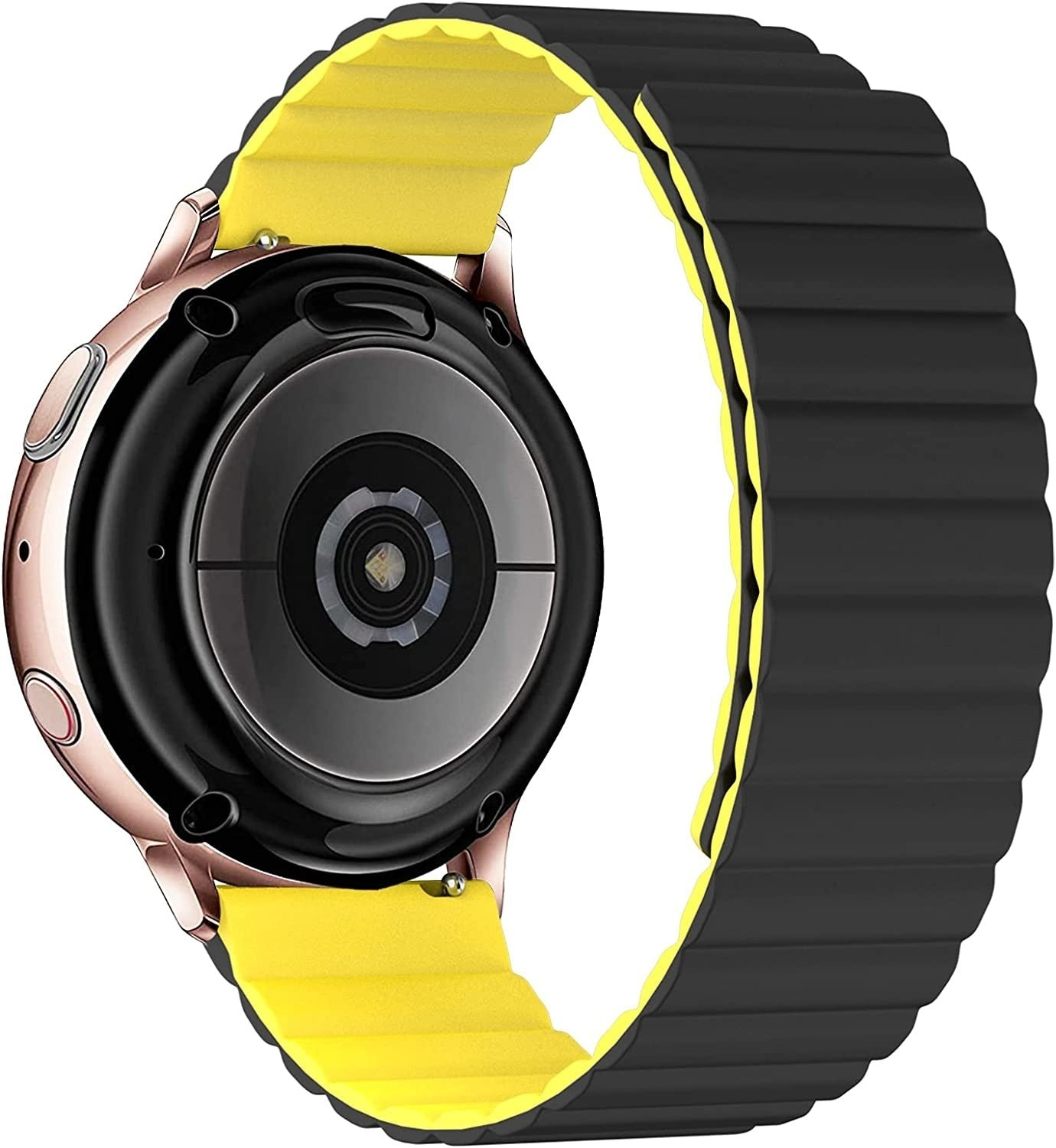 Eine Smartwatch mit schwarzem Armband und gelbem Innenfutter. Das Zifferblatt ist schwarz und gold und zeigt die Rückseite.