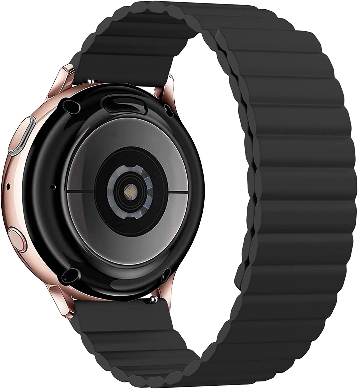 Eine roségoldene Smartwatch mit schwarzem Magnetarmband. Die Rückseite der Uhr ist schwarz mit rundem Design. Das Armband ist gerippt.