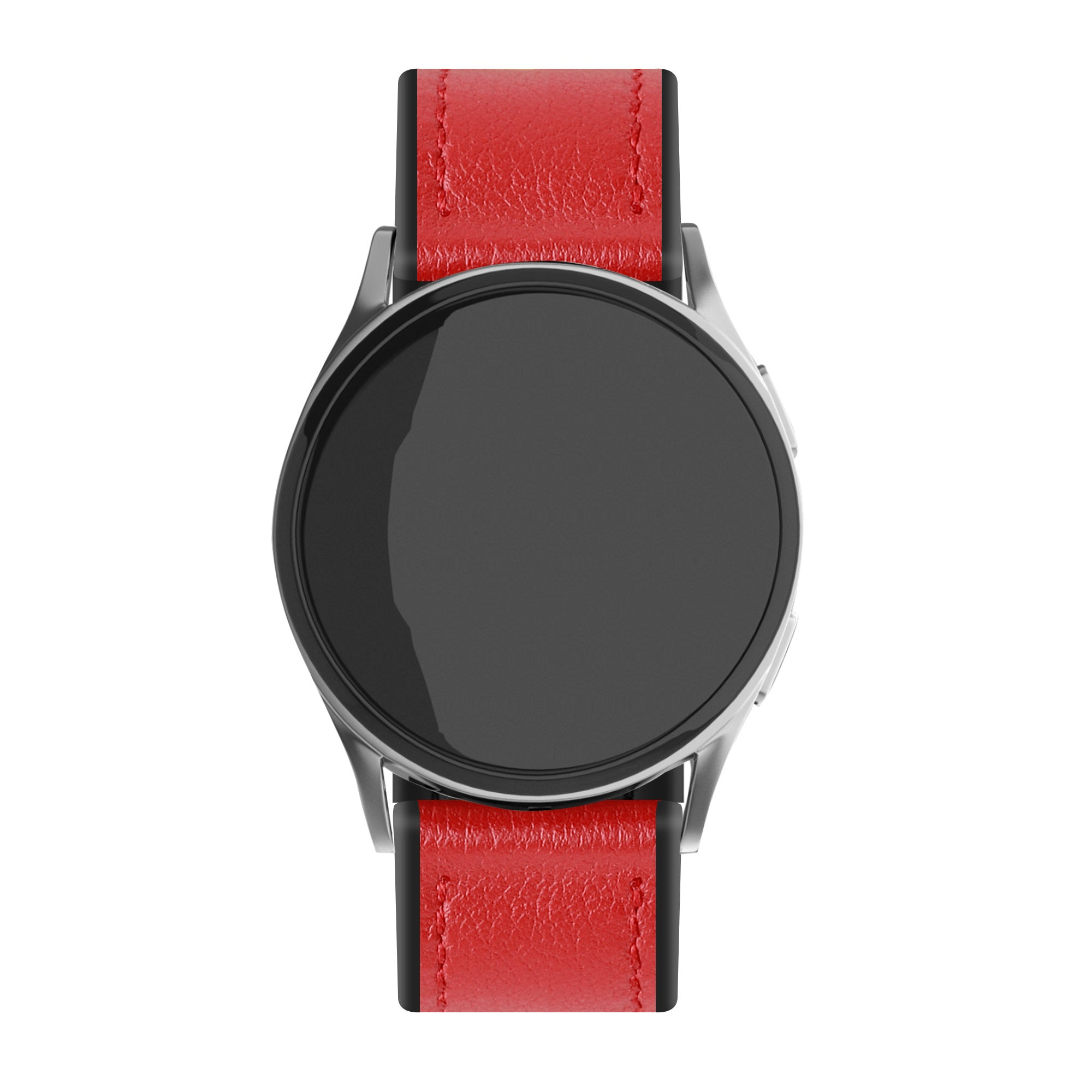 Eine runde Smartwatch mit schwarzem Bildschirm und roten Lederarmbändern auf weißem Hintergrund. Die Uhr ist silberfarben.