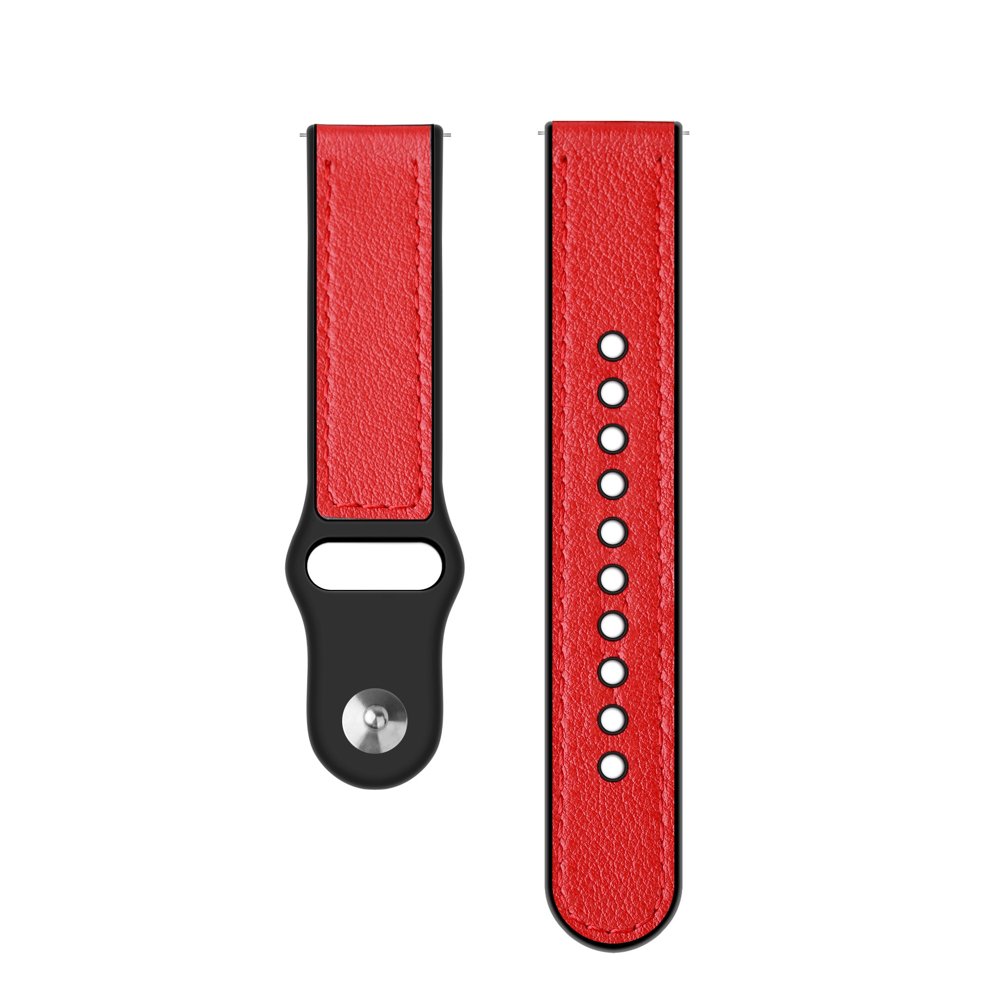 Zwei Armbänder. Eines hat eine schwarze Schnalle und rotes Leder. Das andere ist rotes Leder mit mehreren Löchern.