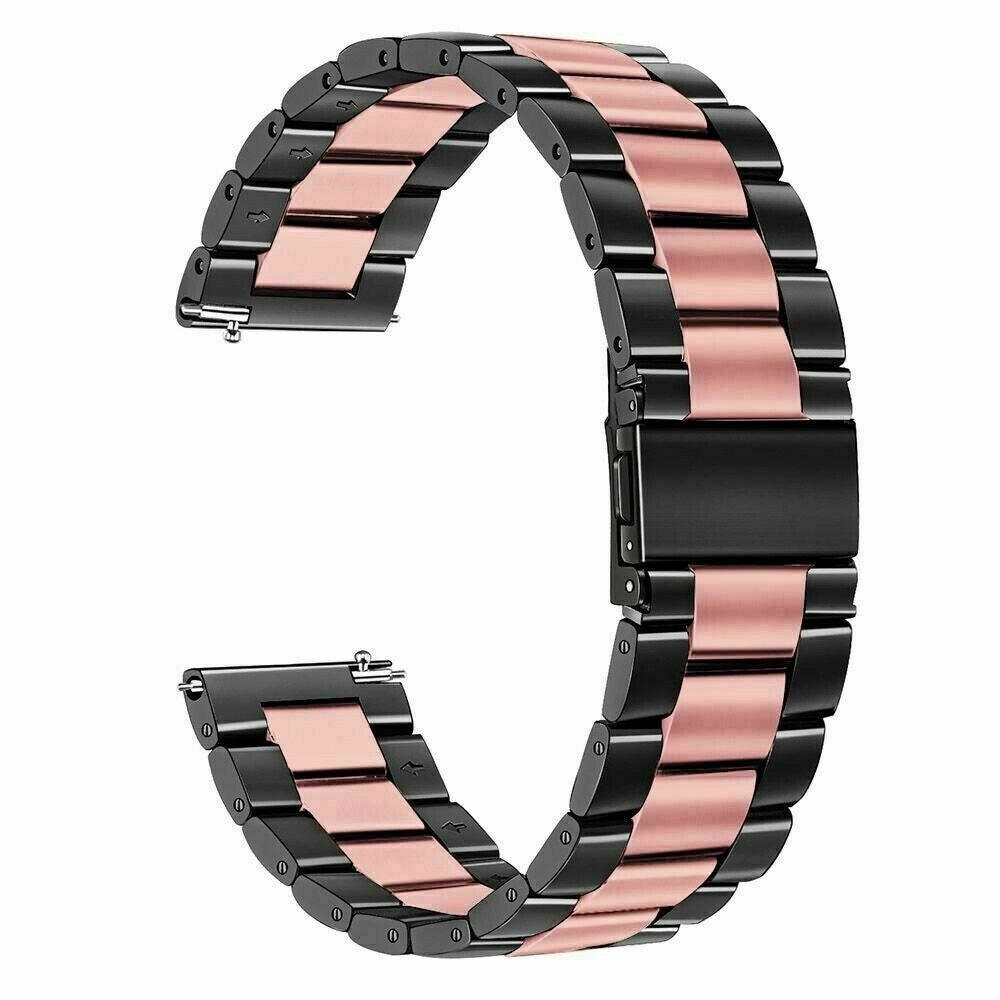 Armband mit schwarzen und roségoldenen Gliedern. Das Band ist gebogen und zeigt seine Struktur. Es ist vor weißem Hintergrund.