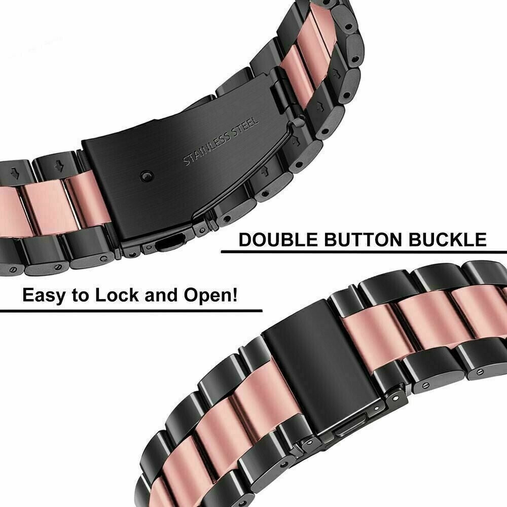 Nahaufnahme eines Uhrenarmbands mit Doppelknopfverschluss. Das Armband ist schwarz und roségold. Text: Einfach zu verriegeln und zu öffnen, Edelstahl.