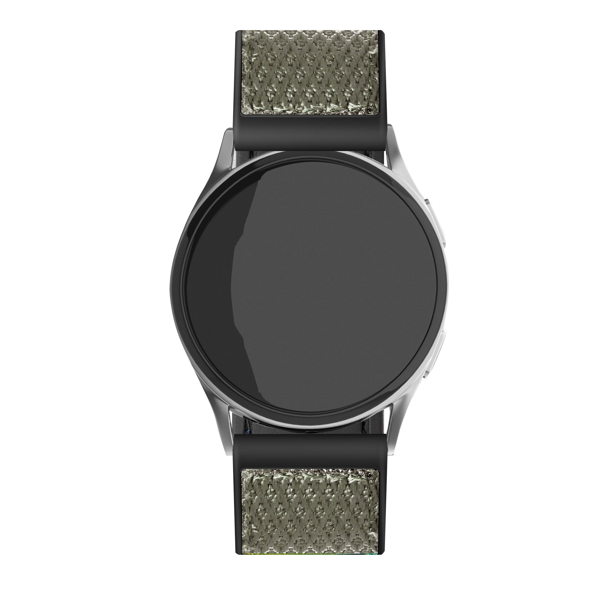 Eine silberne Smartwatch mit schwarzem Bildschirm und strukturierten grauen Bändern. Die Uhr ist vor weißem Hintergrund zentriert.