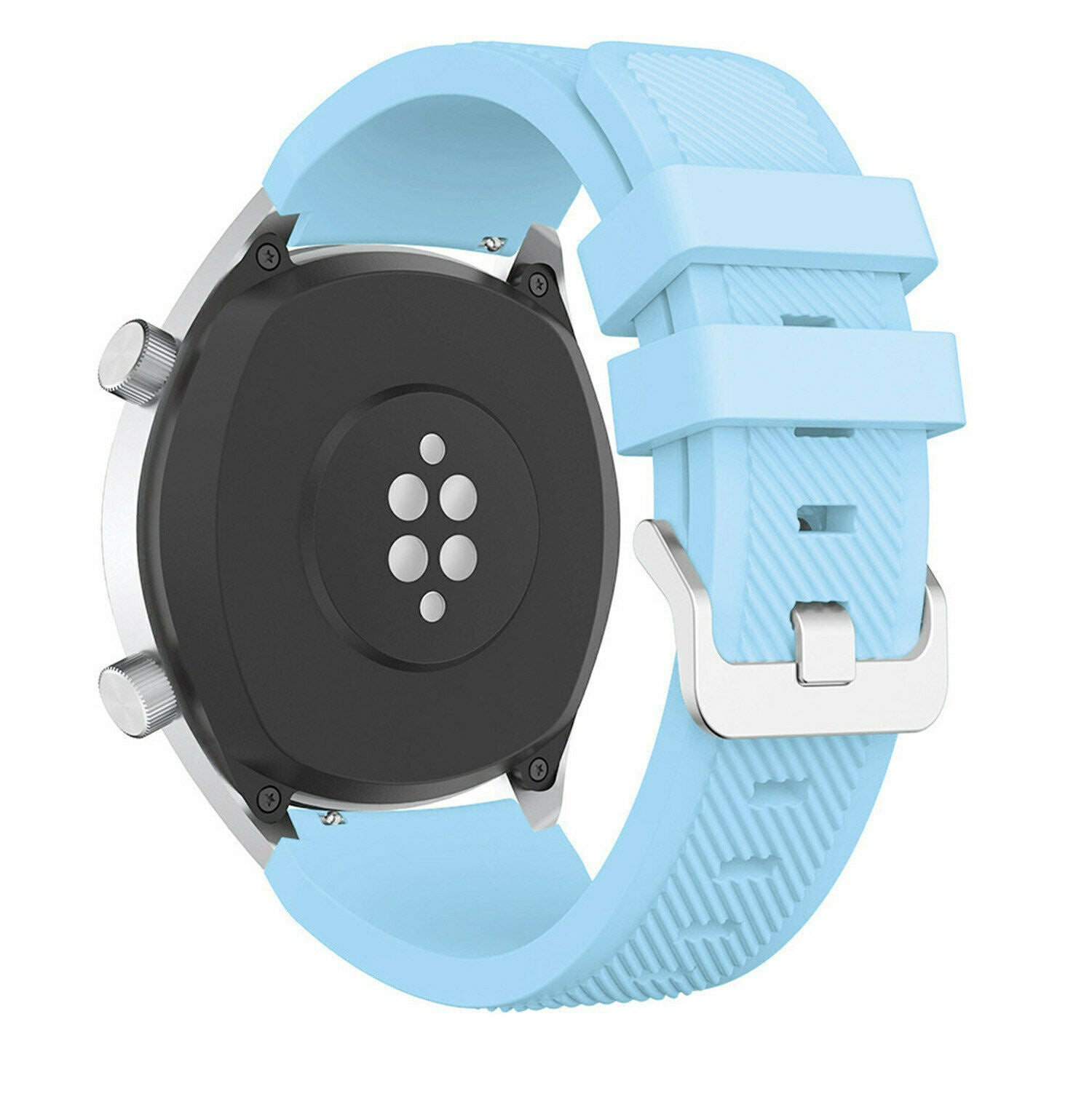 Eine Smartwatch mit hellblauem Armband. Die Uhr ist silberfarben mit schwarzer Rückseite. Das Armband hat eine silberne Schnalle.