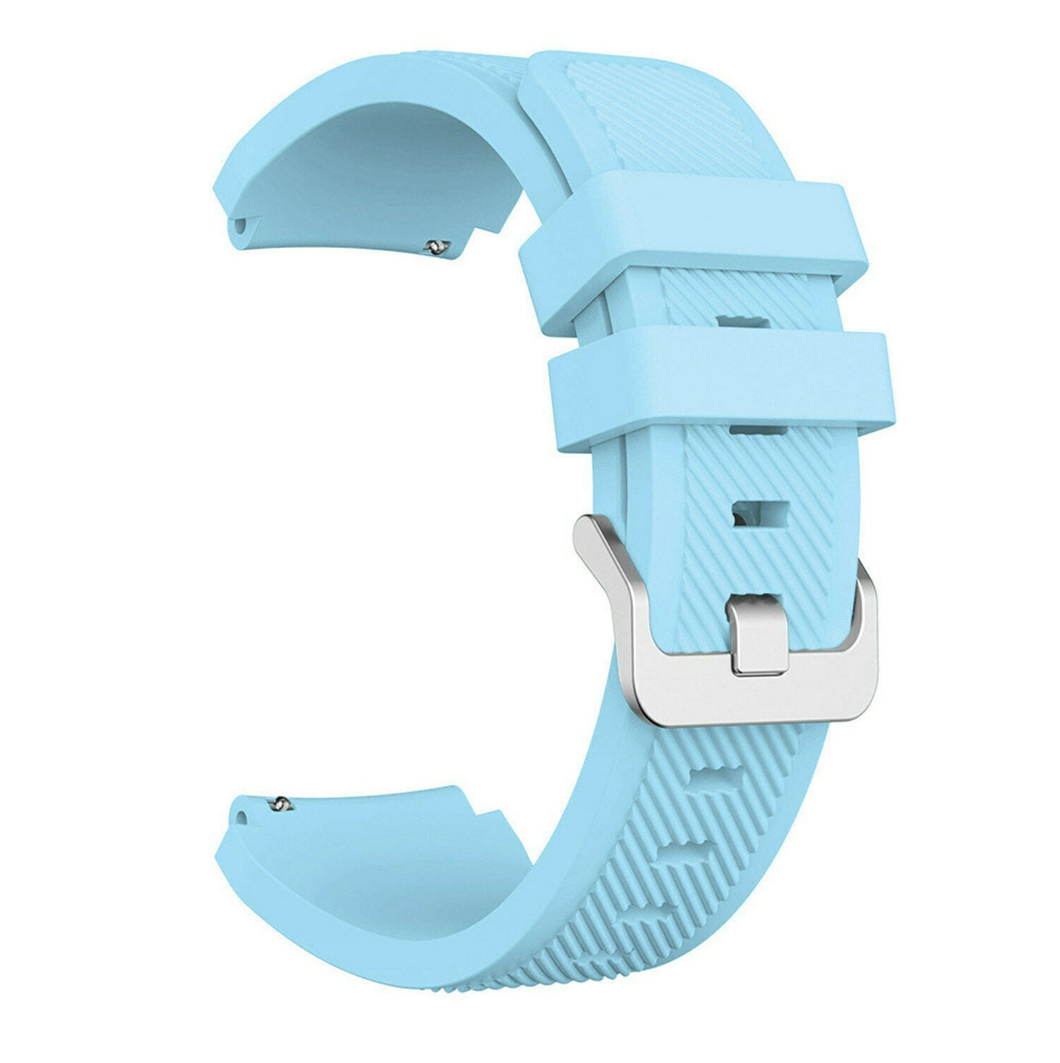 Ein hellblaues Uhrenarmband mit einer silbernen Schnalle. Das Armband ist gebogen und hat ein strukturiertes Design. Nahaufnahme.