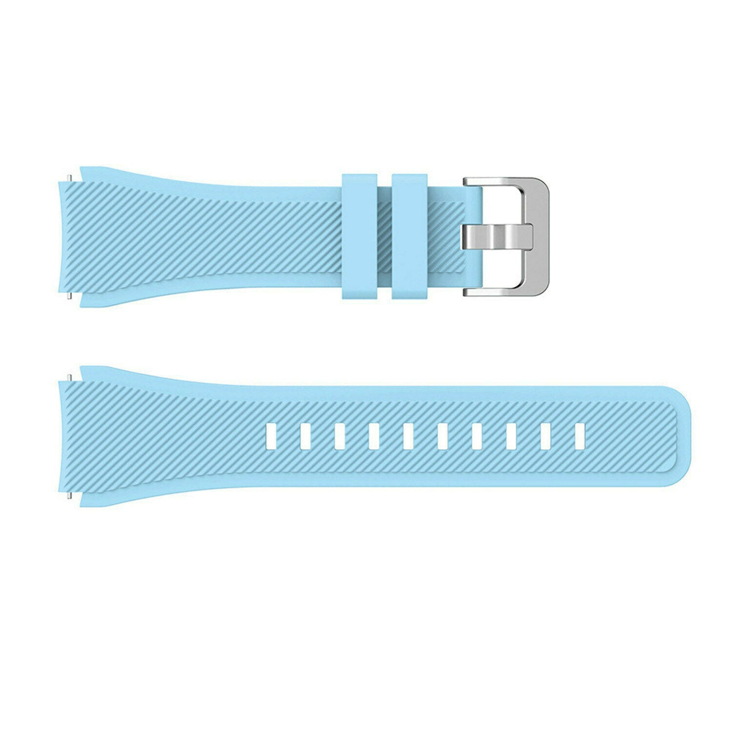 Zwei hellblaue Armbänder. Eines mit silberner Schnalle und zwei Schlaufen, das andere mit mehreren Löchern zur Anpassung.