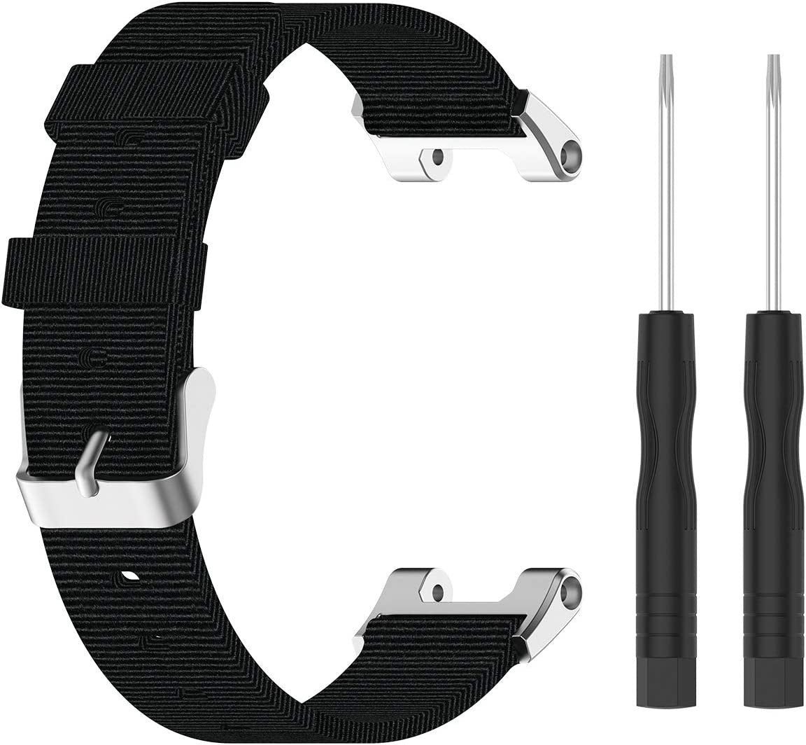 Ein schwarzes Uhrenarmband mit silbernen Schnallen und zwei kleine schwarze Schraubendreher auf weißem Hintergrund.