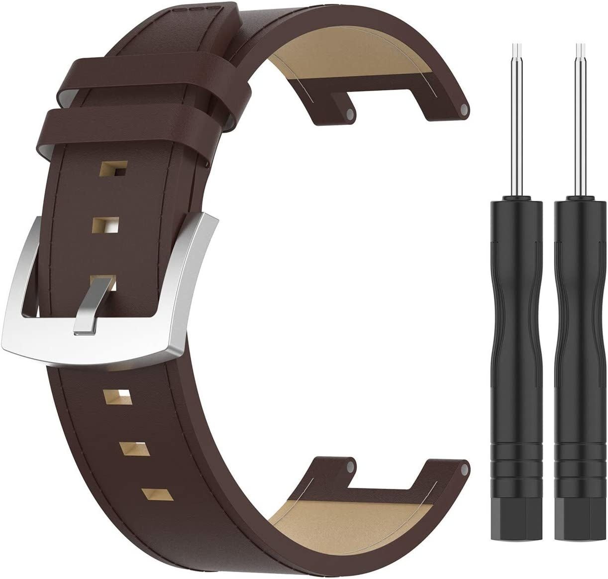 Braunes Leder-Armband mit silberner Schnalle und zwei schwarzen Schraubenziehern. Das Armband ist gebogen und zeigt die beige Innenseite.