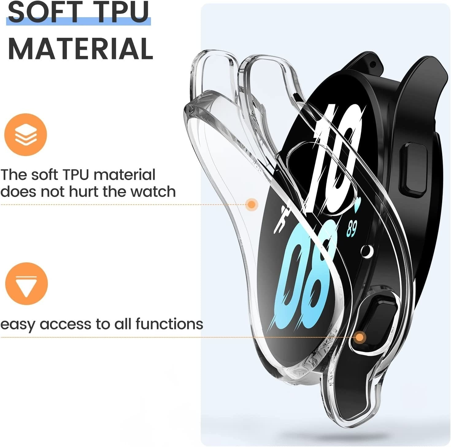 Eine Uhr mit transparentem Gehäuse. Das Zifferblatt zeigt Zahlen an. Text-Overlay lautet 'SOFT TPU MATERIAL' und 'easy access to all functions'.