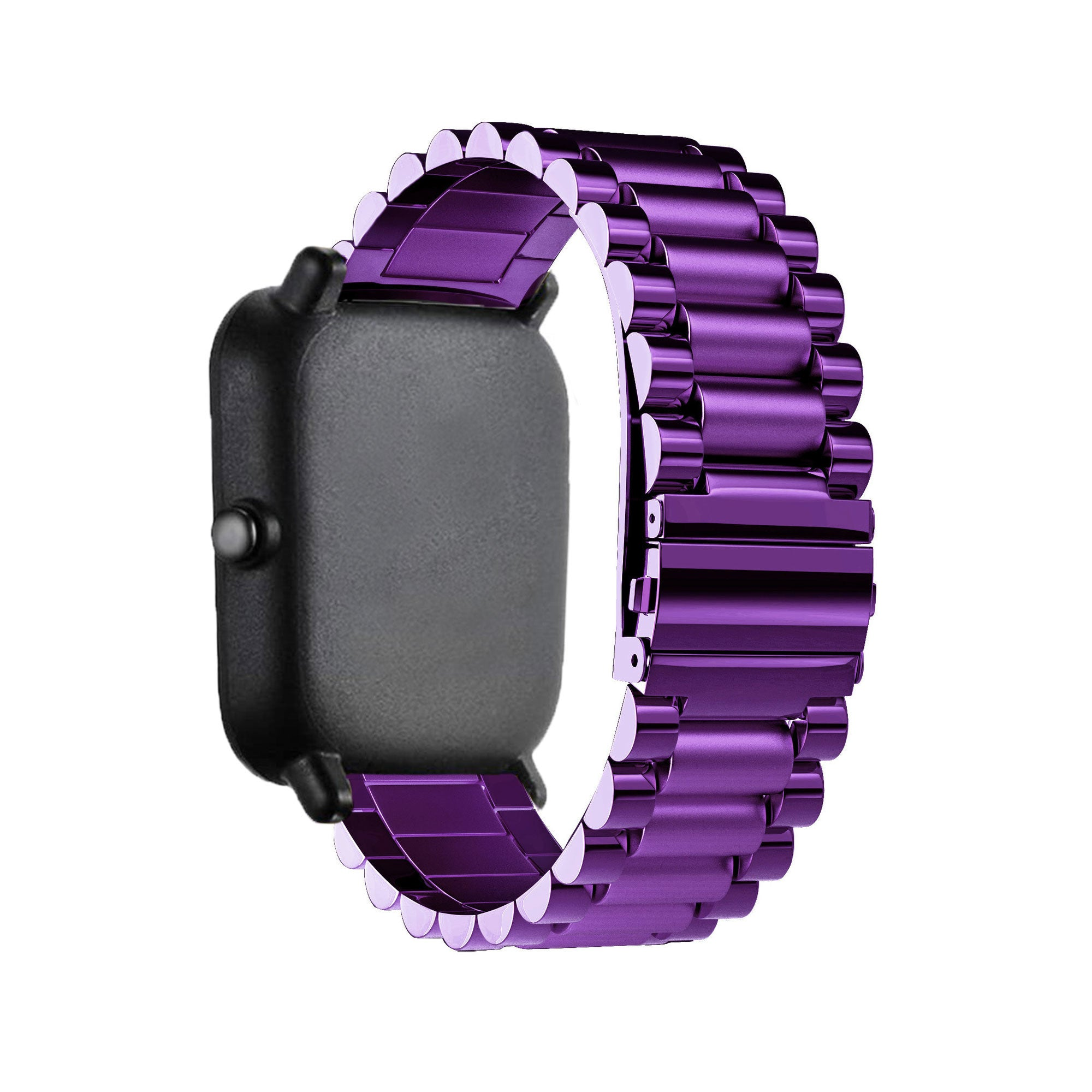 Eine schwarze Smartwatch mit einem lilafarbenen Metallband wird vor weißem Hintergrund gezeigt.