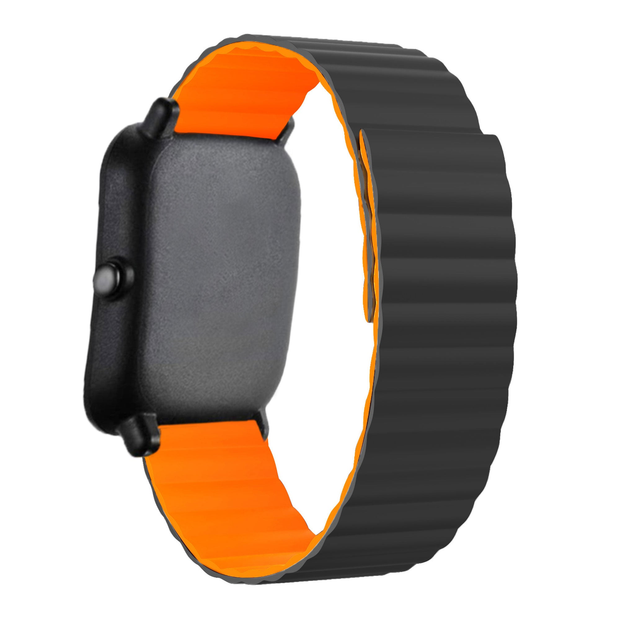 Eine schwarze Smartwatch mit einem orangefarbenen Innenarmband. Die Uhr ist rechteckig mit einem Knopf. Das Band ist gerippt.
