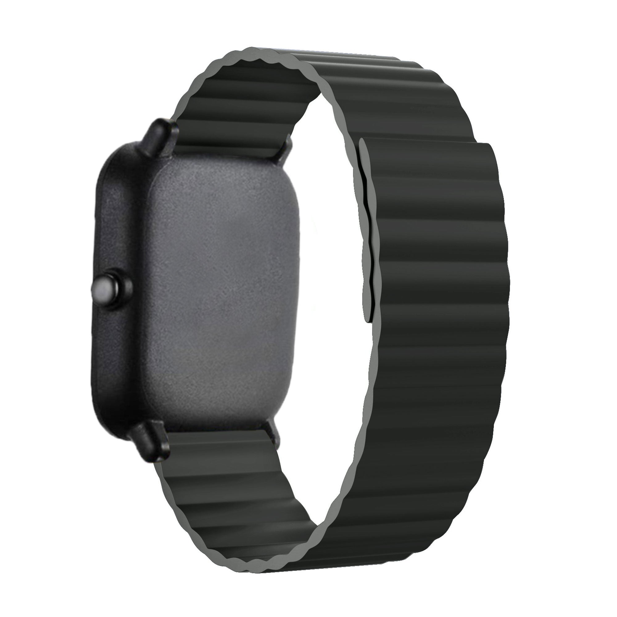 Eine schwarze Smartwatch mit einem dunkelgrauen Armband. Die Uhr ist rechteckig mit einem Knopf an der Seite. Weißer Hintergrund.