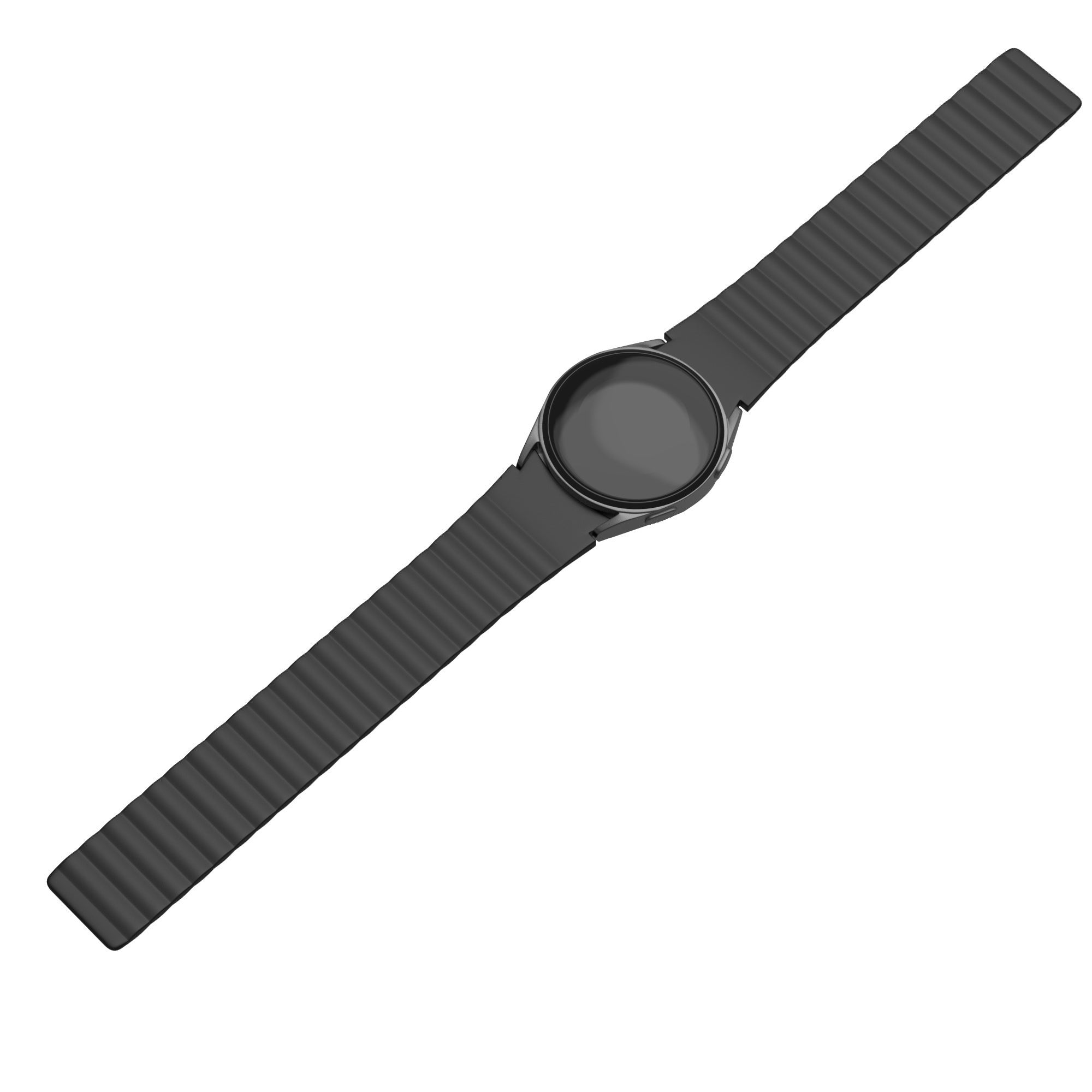 Eine schwarze Smartwatch mit rundem Zifferblatt und strukturiertem Armband liegt diagonal vor weißem Hintergrund.