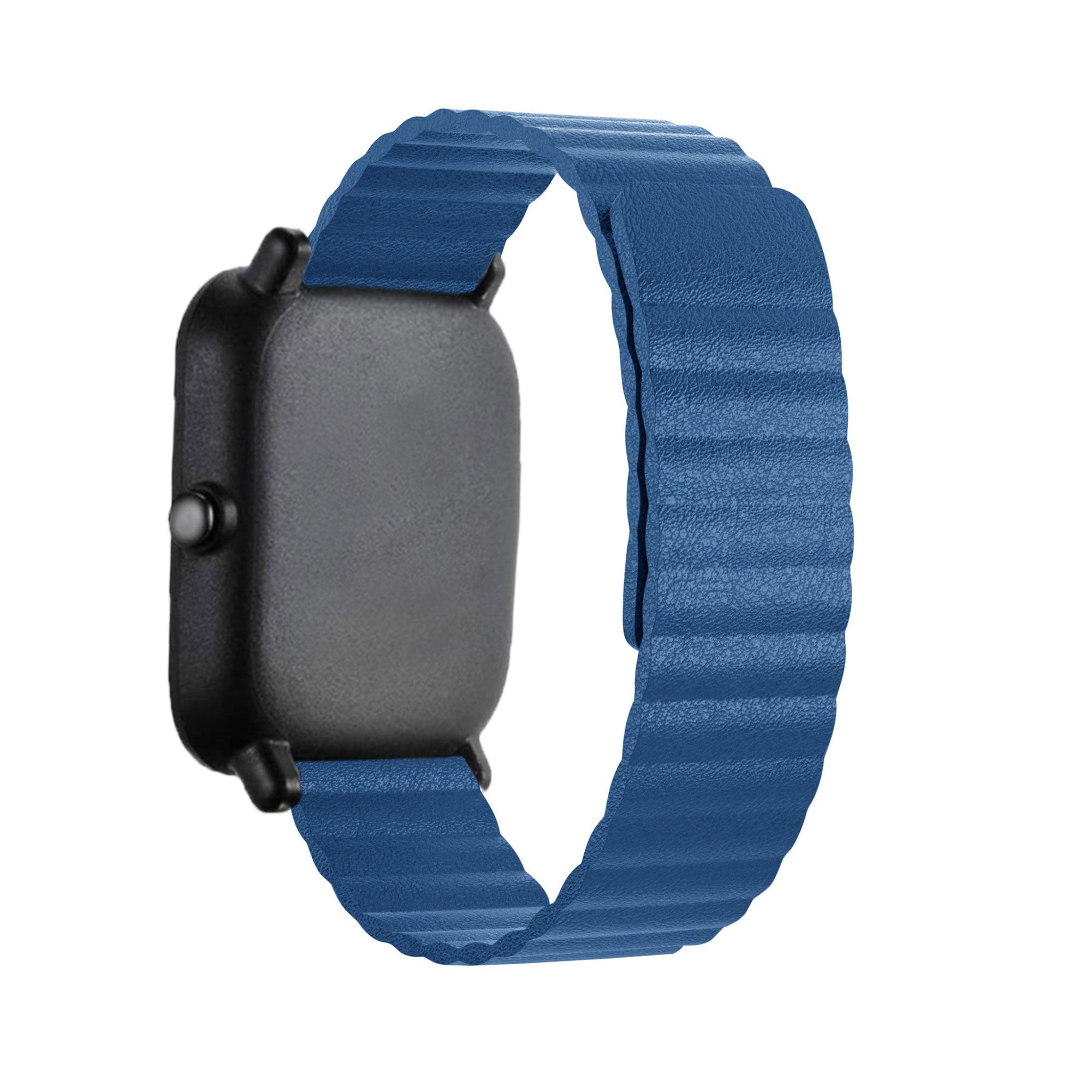 Eine schwarze Smartwatch mit blauem Lederarmband wird vor weißem Hintergrund gezeigt. Das Armband ist gewölbt und strukturiert.
