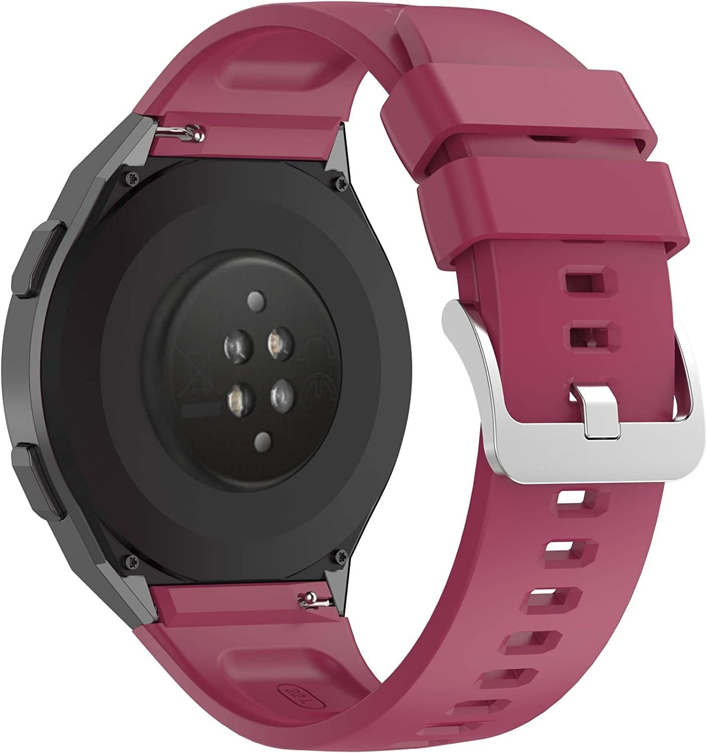 Rückansicht einer Smartwatch mit dunkelrotem Armband und schwarzem Zifferblatt. Silberne Schnalle. Das Armband ist mit der Uhr verbunden.